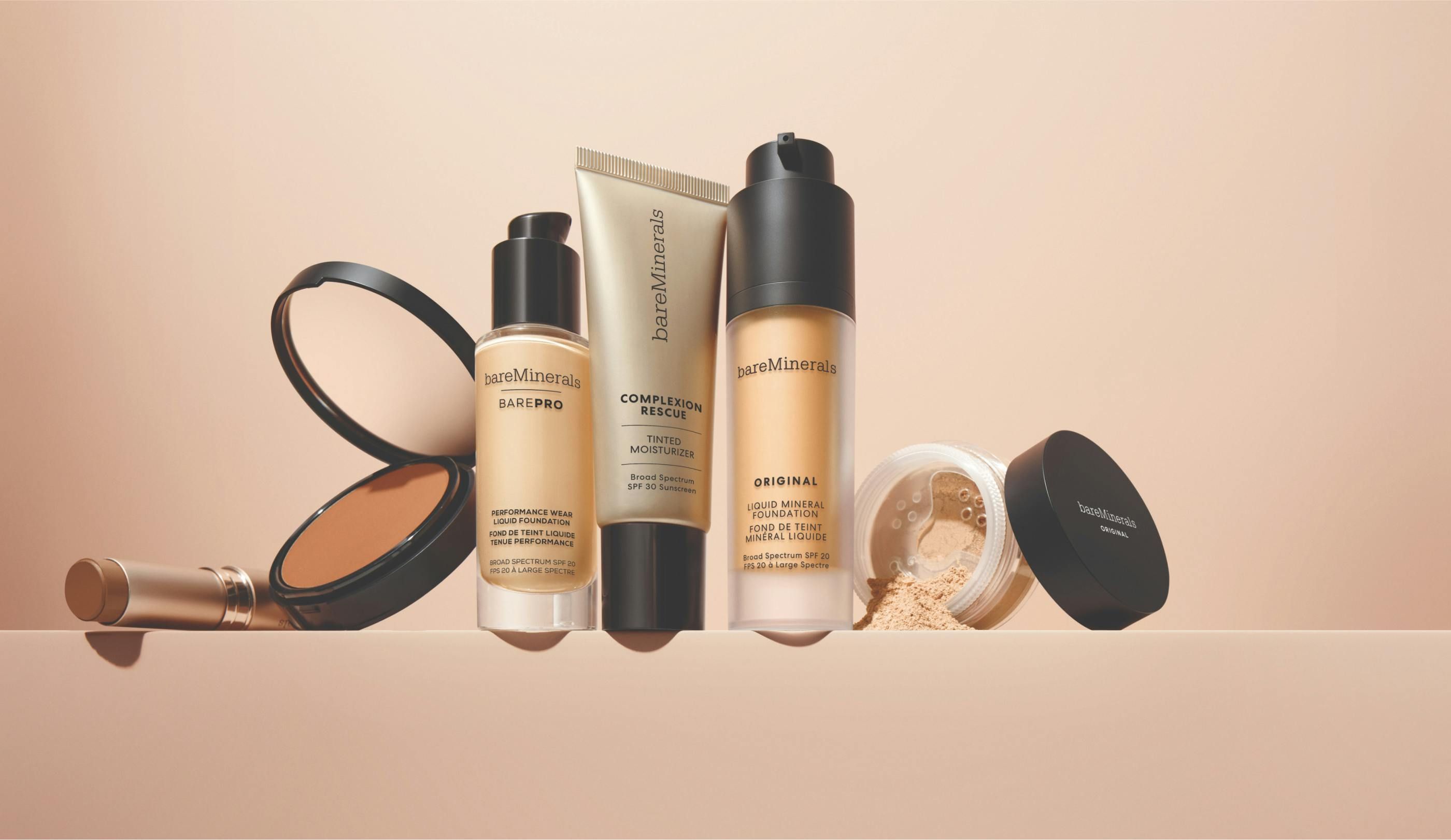 Still life photo of various bareMinerals beauty products