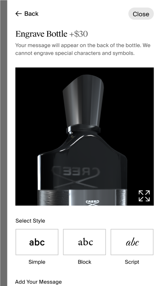 Mobile design of Creed's bottle engraving