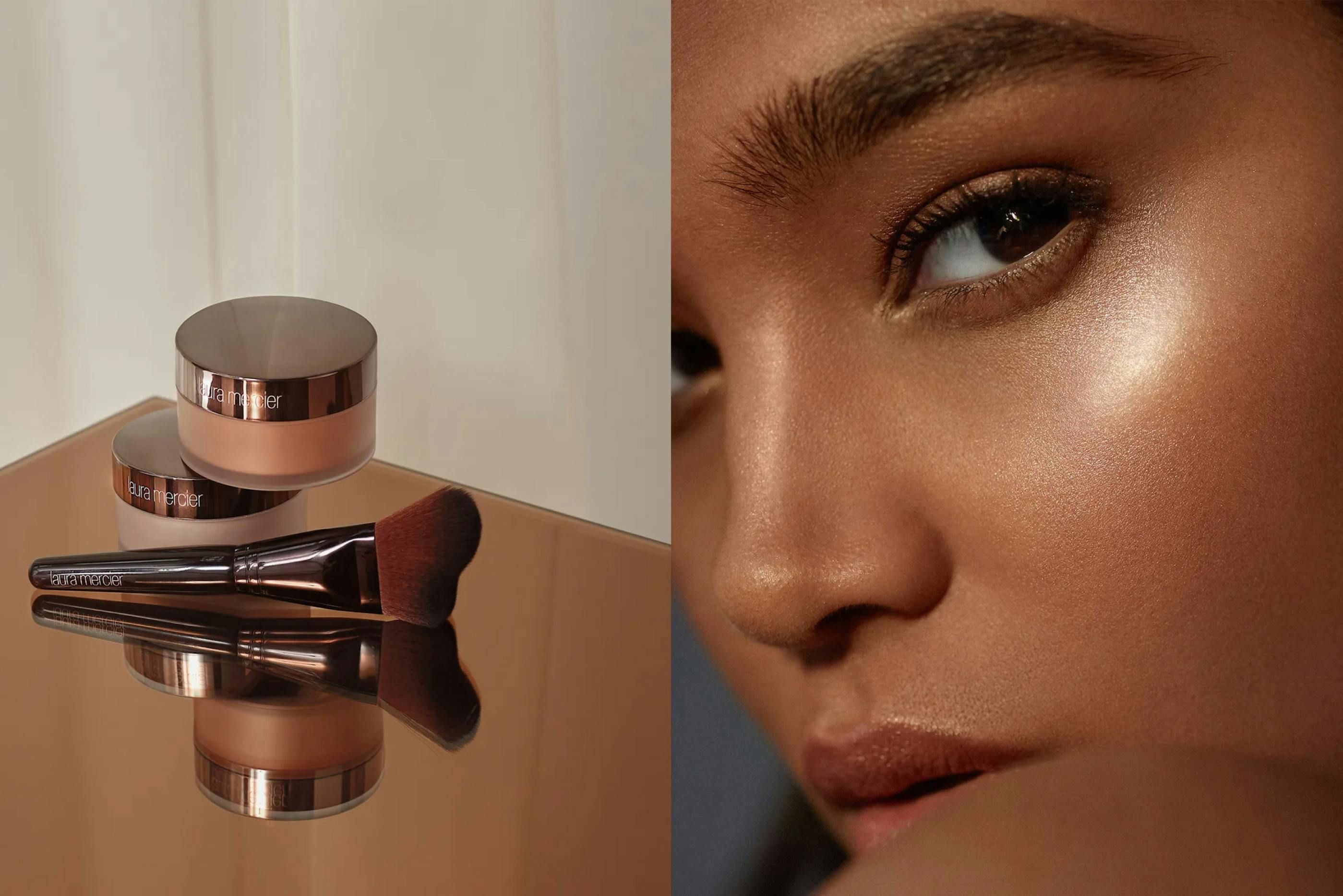 Diptych of a shot of various Laura Mercier product and a model wearing the product