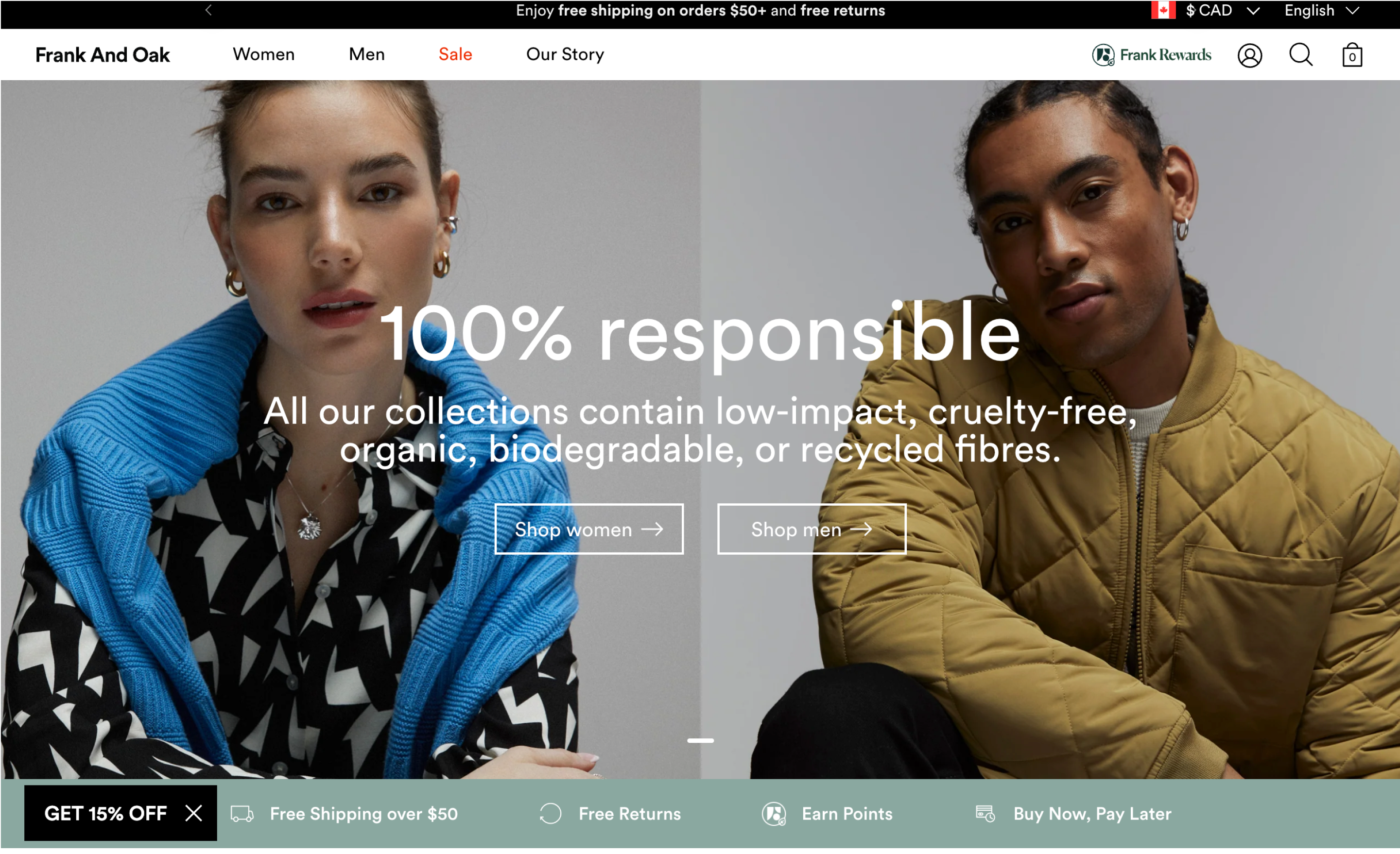 Desktop screenshot of Frank and Oak homepage hero featuring the title '100% Responsible'