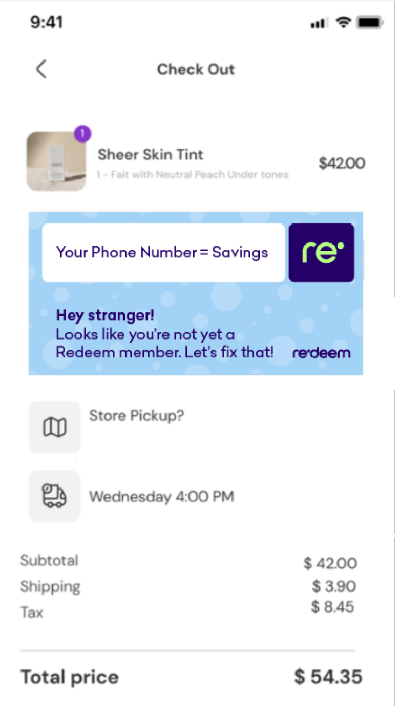 Mobile screenshot of the Redeem app showing the savings field in checkout