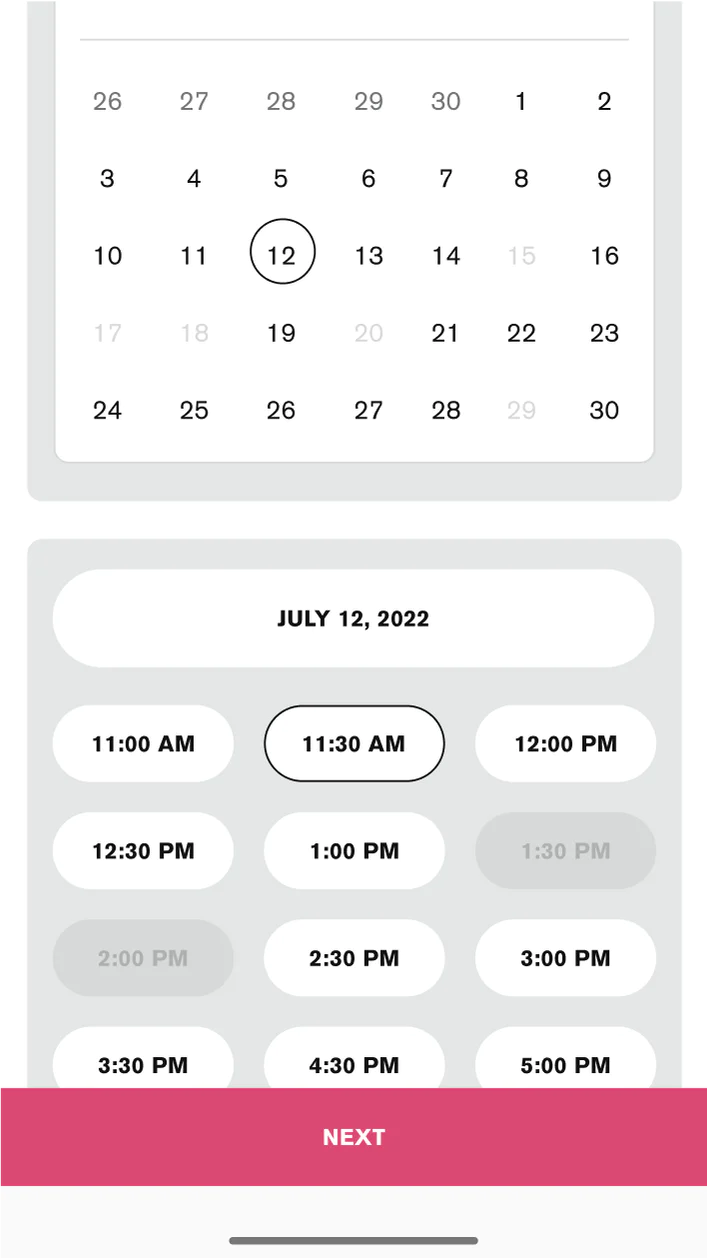 Mobile screenshot of Lip Lab appointment scheduling