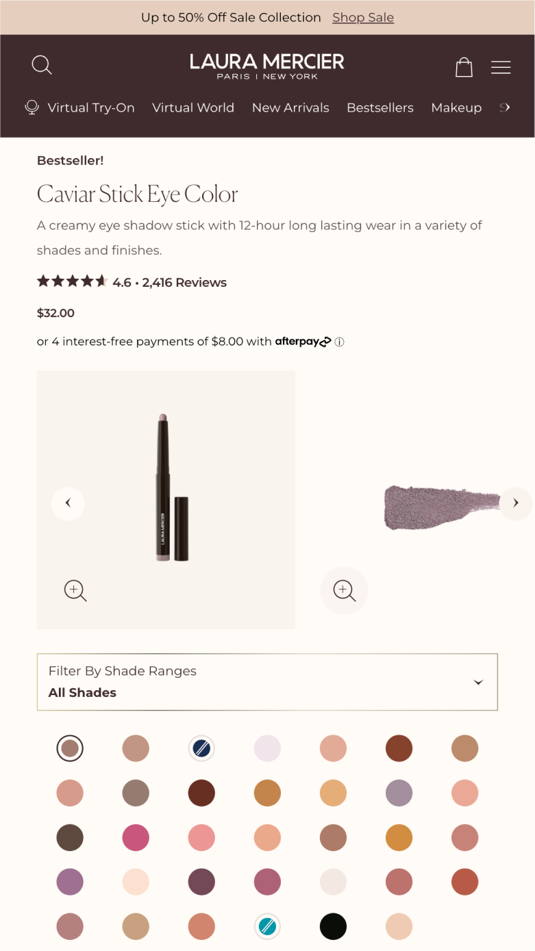 Mobile screenshot of shade selection on Laura Mercier product page