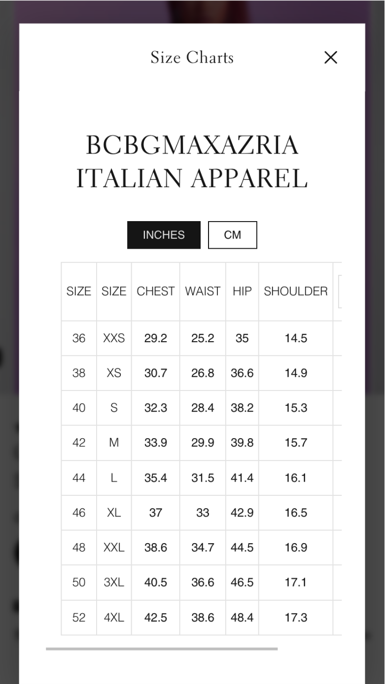 Mobile screenshot of BCBG's size chart