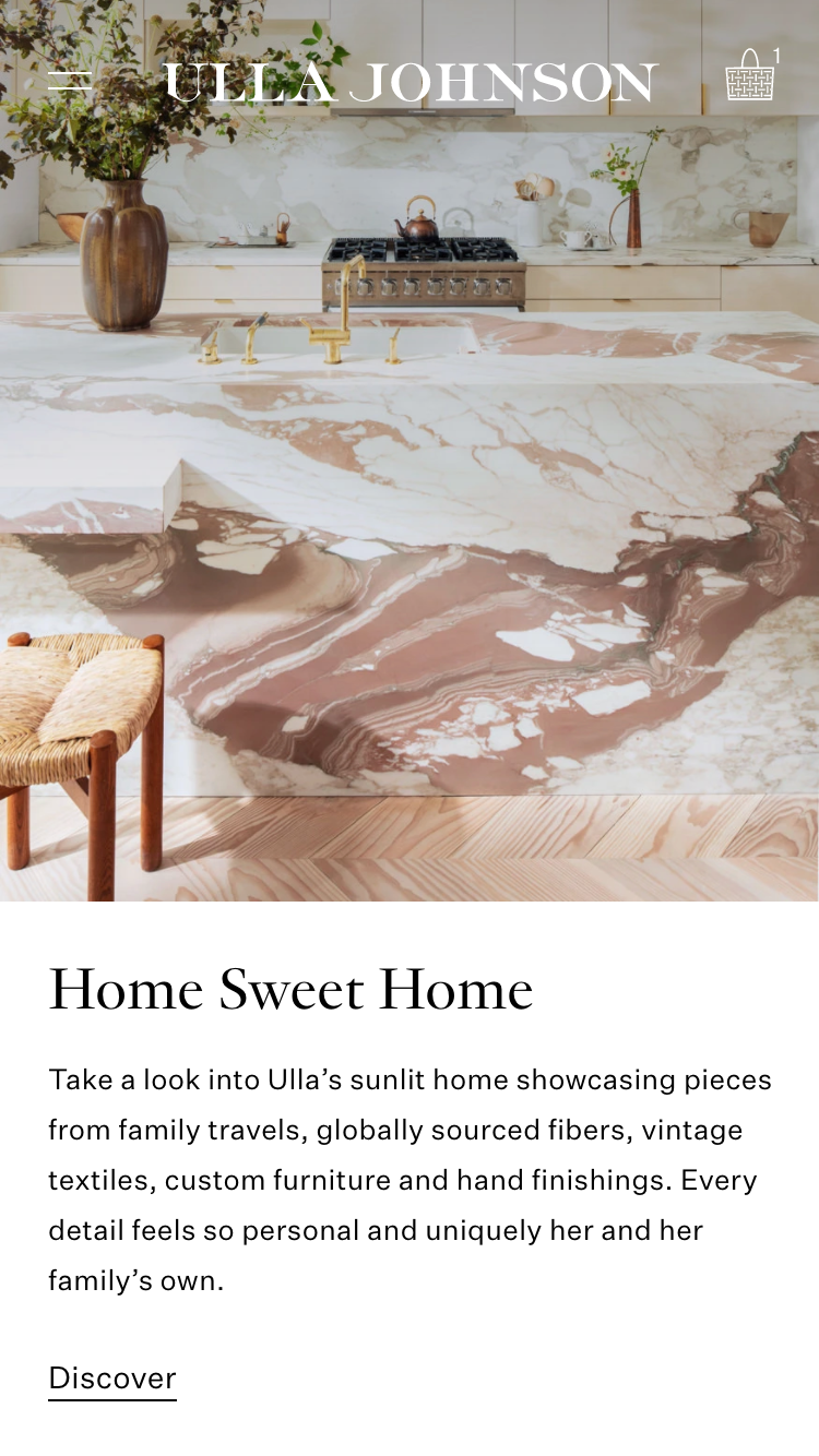 Mobile screenshot of Ulla Johnson's 'Home Sweet Home' collection feature