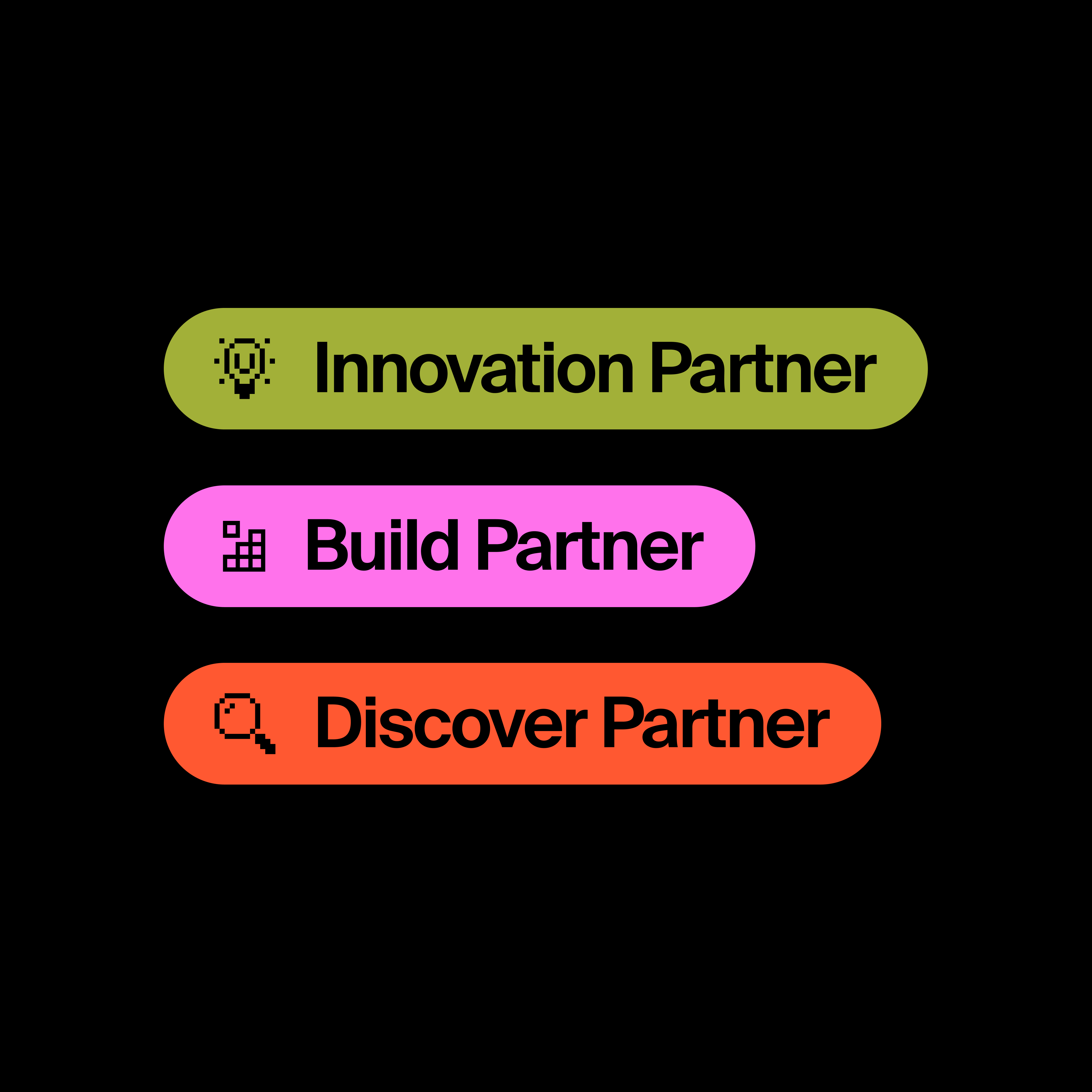 The three tiers of the Domaine Partner Program "Innovation", "Build", and "Discover" on a black background.