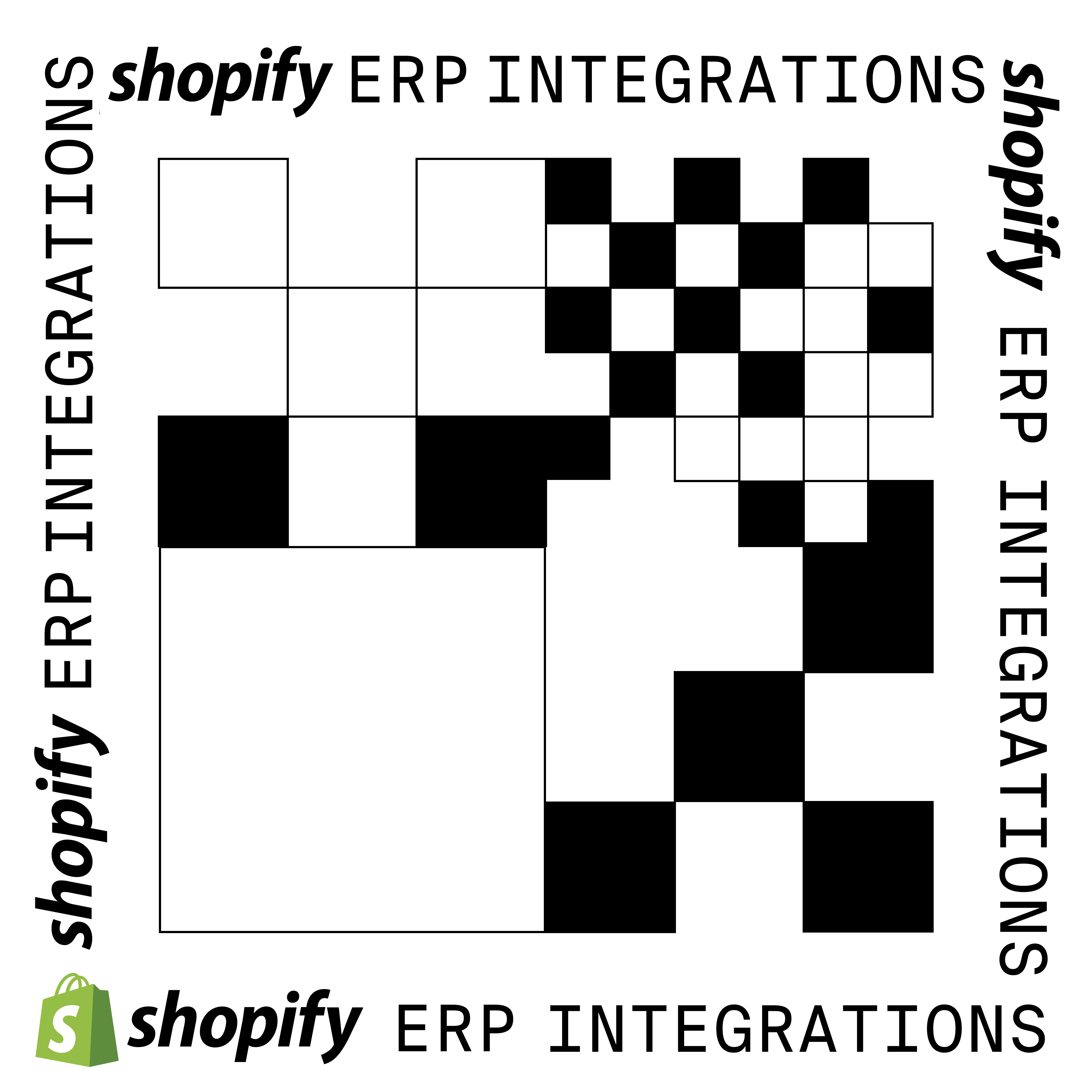 Shopify logo followed by the text "ERP Integrations" repeated on the border with an abstract grid graphic in black in the center on a white background