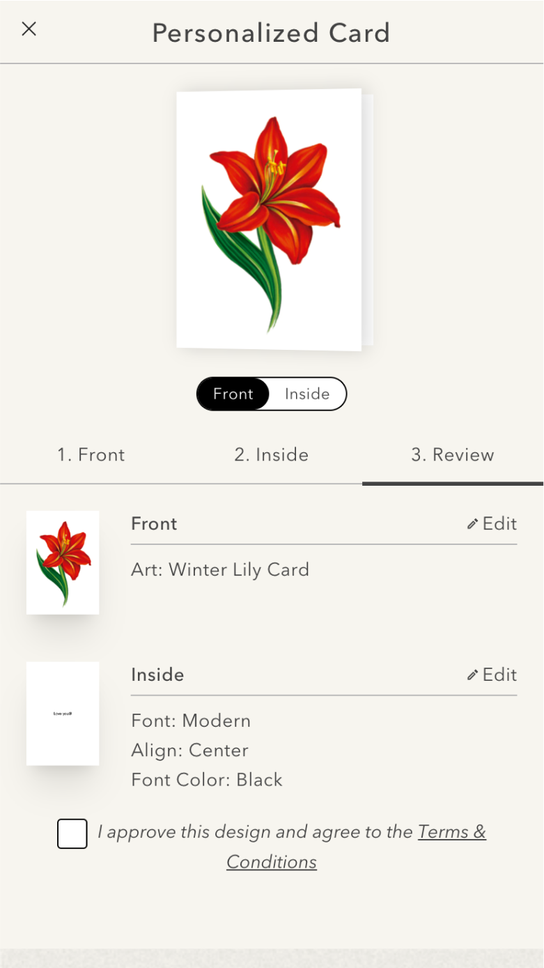 Mobile screenshot of Fresh Cut Paper's card personalizer