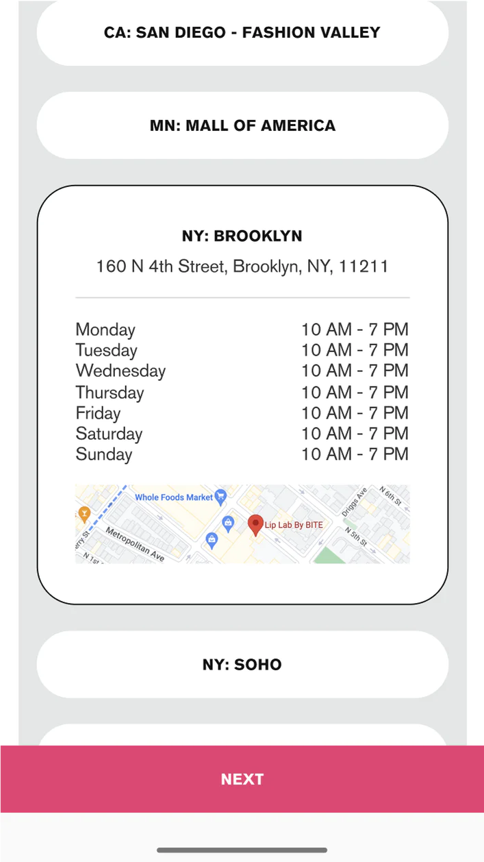 Mobile screenshot of Lip Lab location selection