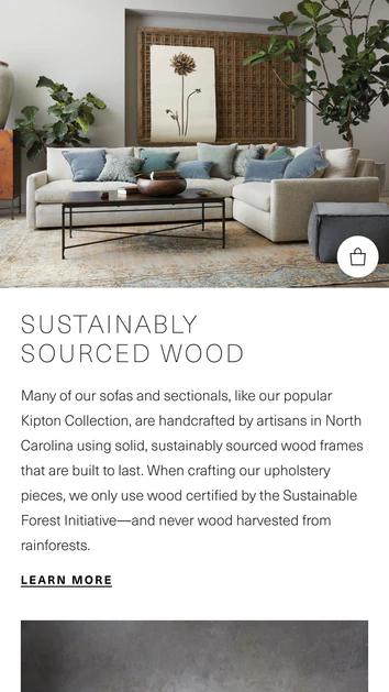 Mobile screenshot of Arhaus' Sustainably Sourced Wood section