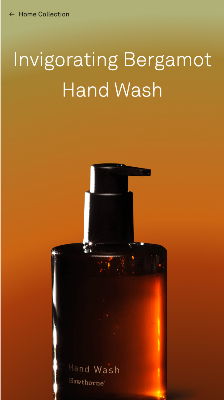 Mobile screenshot of a product feature on Hawthorne's site for Bergamot Hand Wash