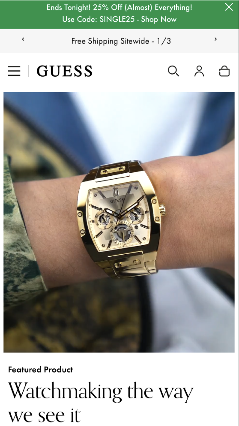 Mobile screenshot of Guess Watches' site, highlighting a featured product section