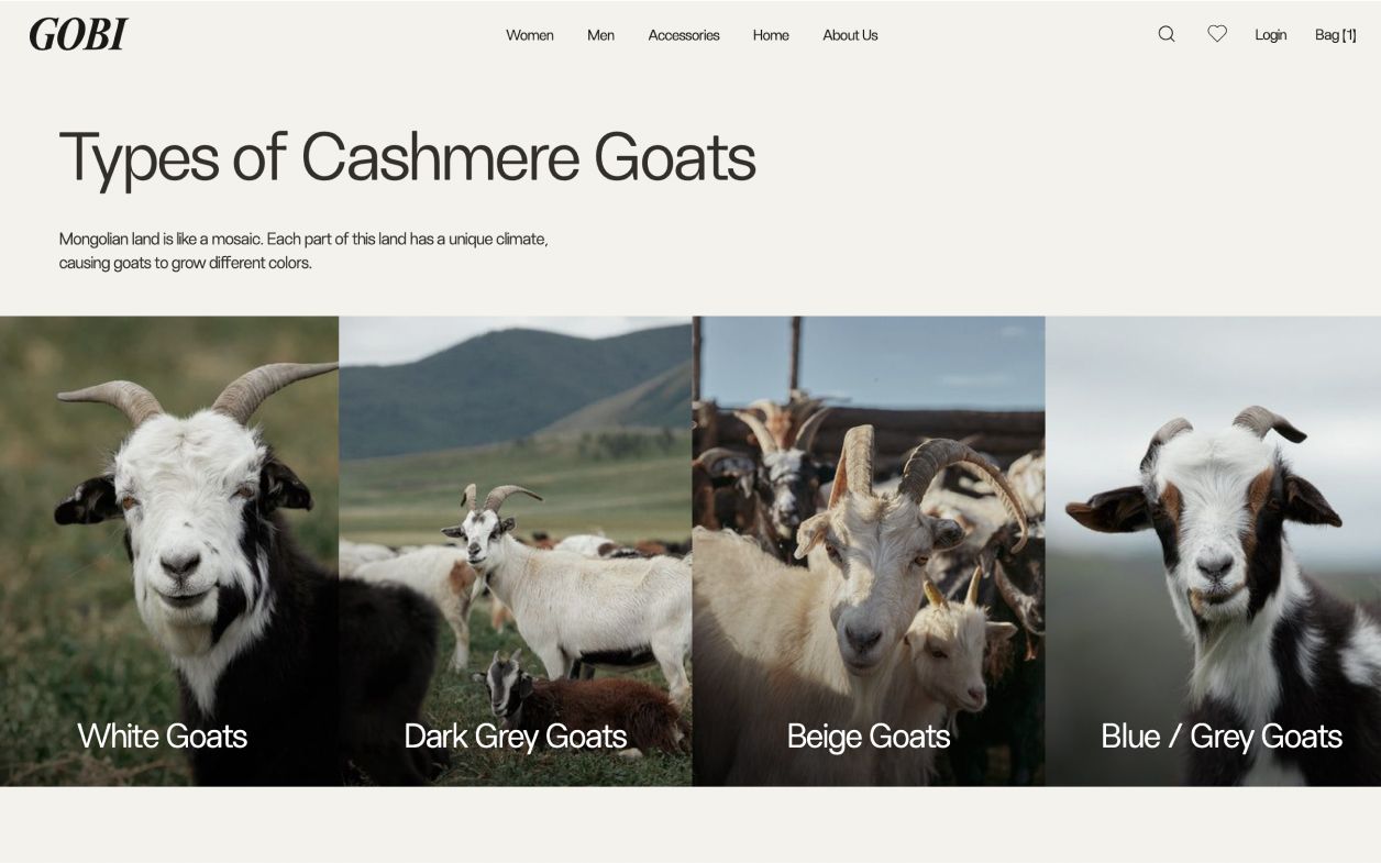 Gobi website section showcasing the different types of goats they source wool from