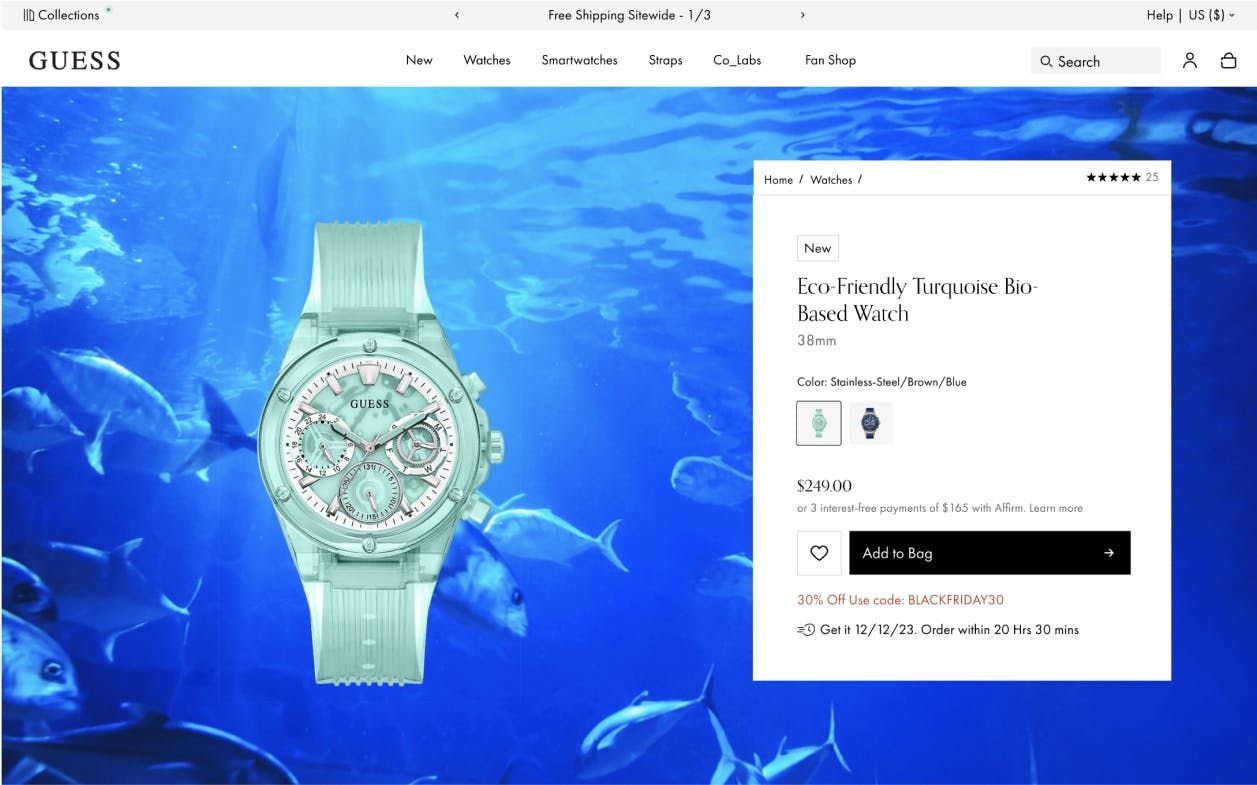 Desktop screenshot from Guess Watches' product page