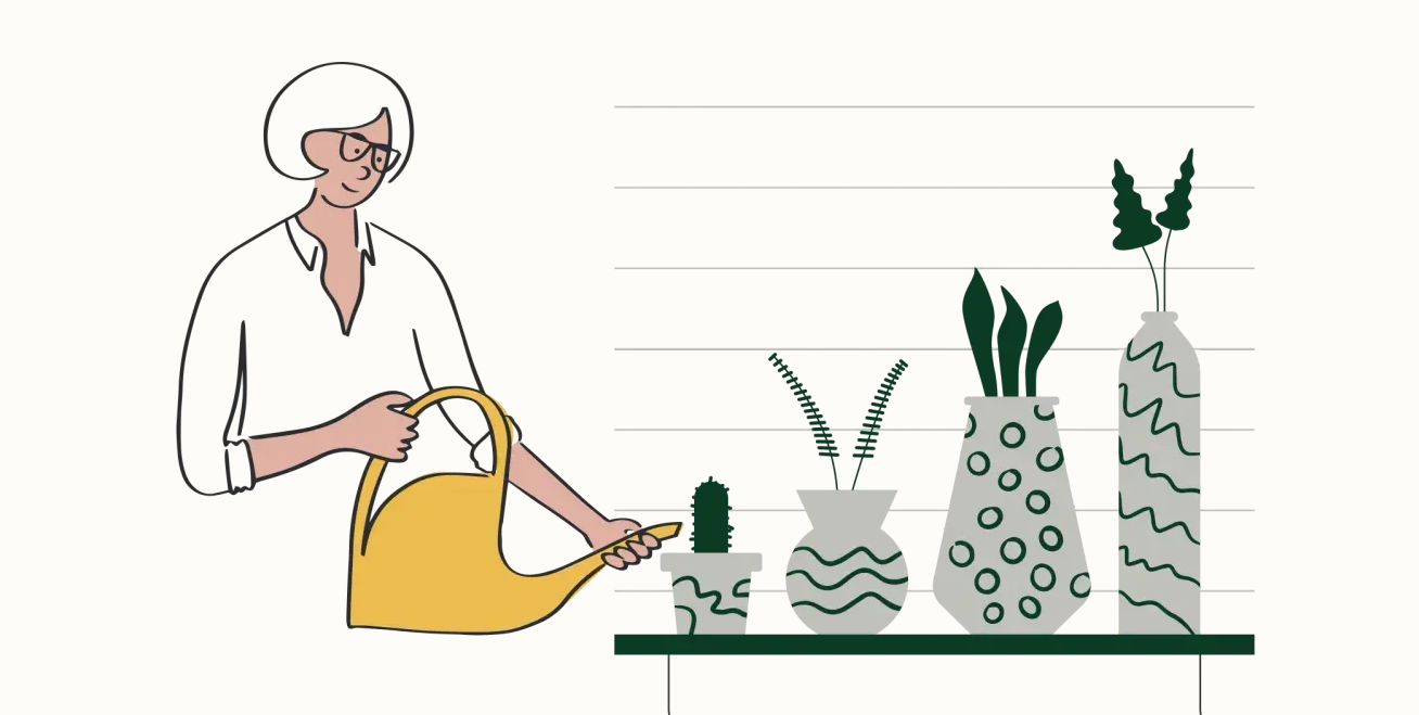 Drawing showing a person watering plants growing on a chart