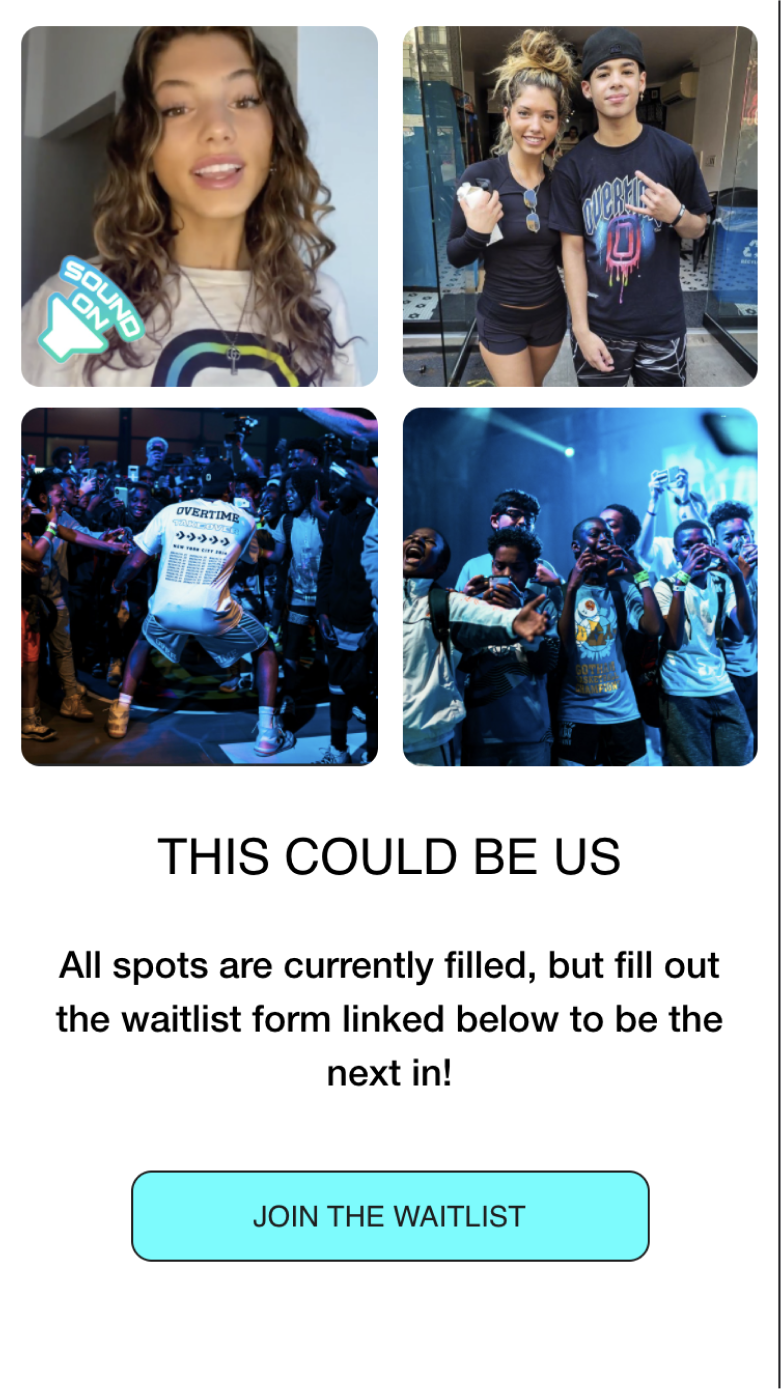 Mobile screenshot of Overtime's waitlist CTA