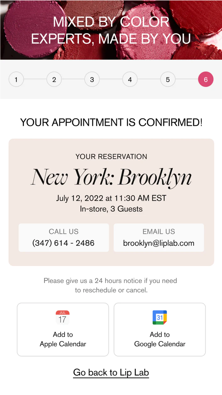 Mobile screenshot of Lip Lab appointment confirmation