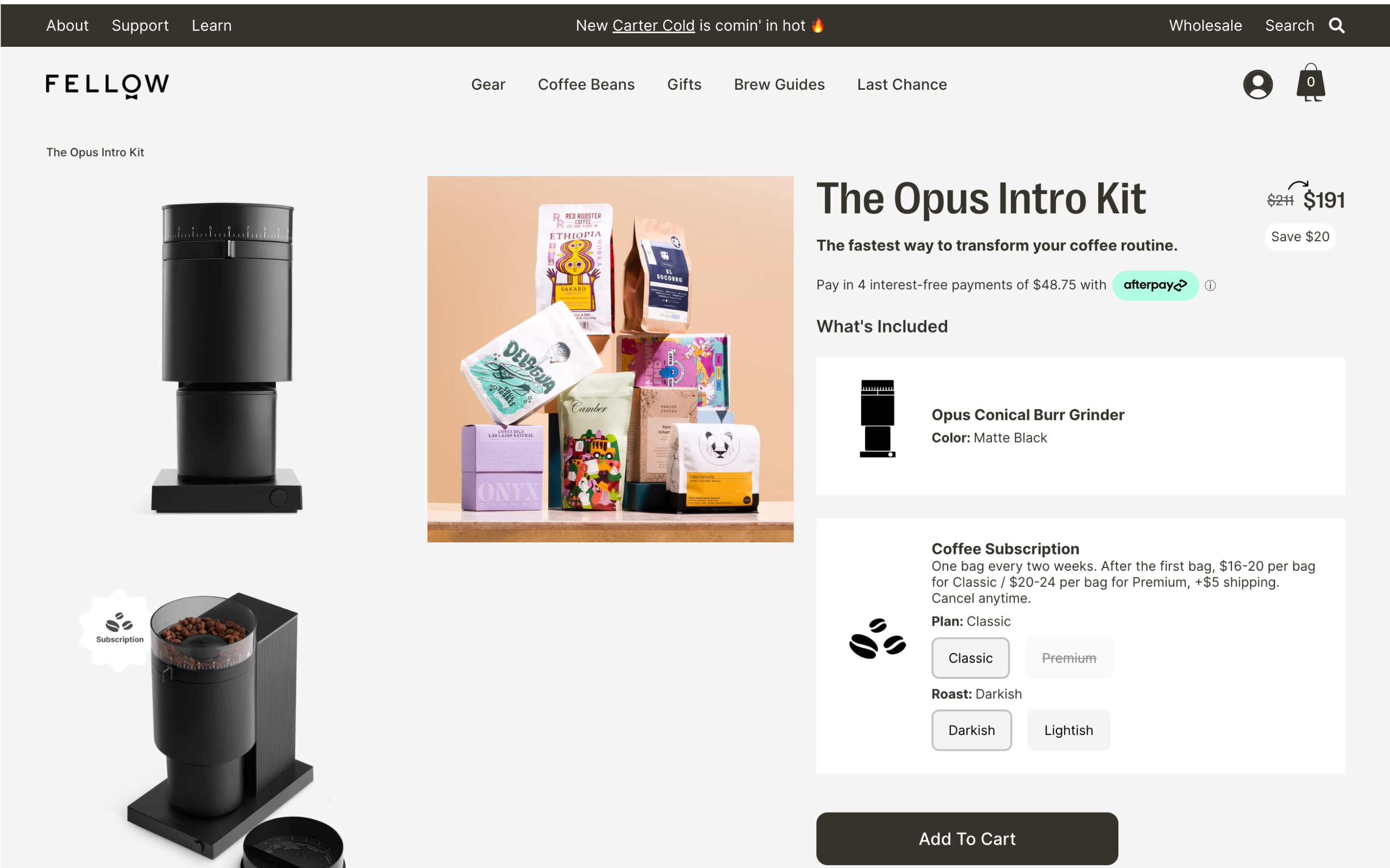 Desktop screenshot from Fellow's Opus grinder product page