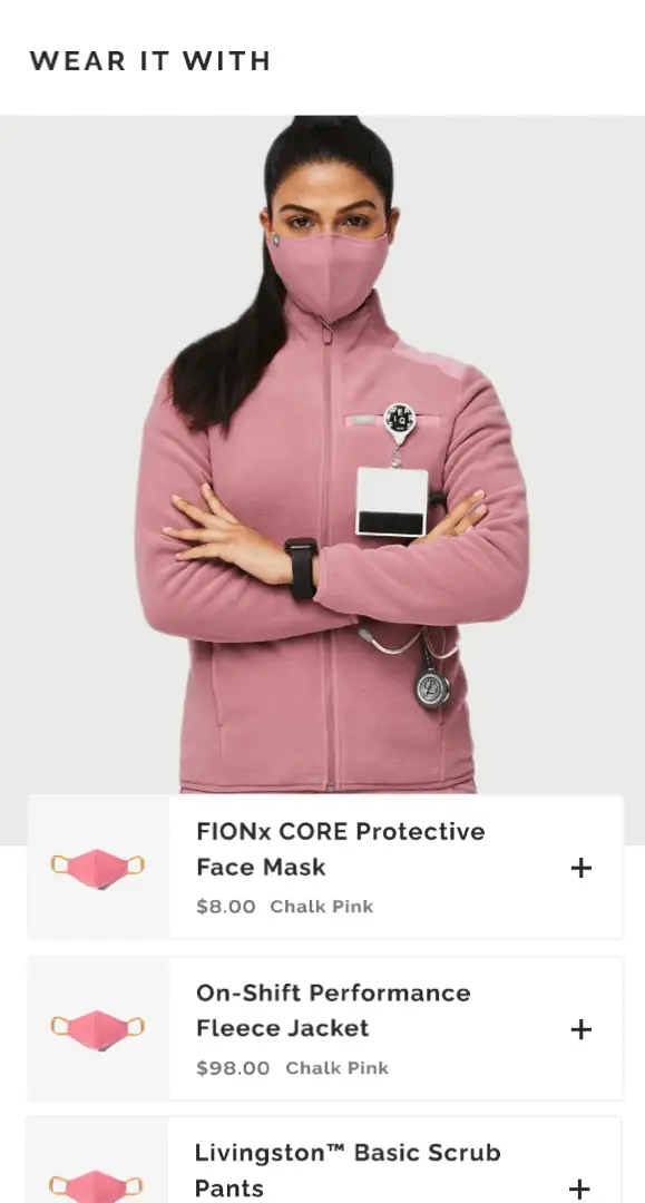 Mobile screenshot of FIGS' 'Wear it With' feature