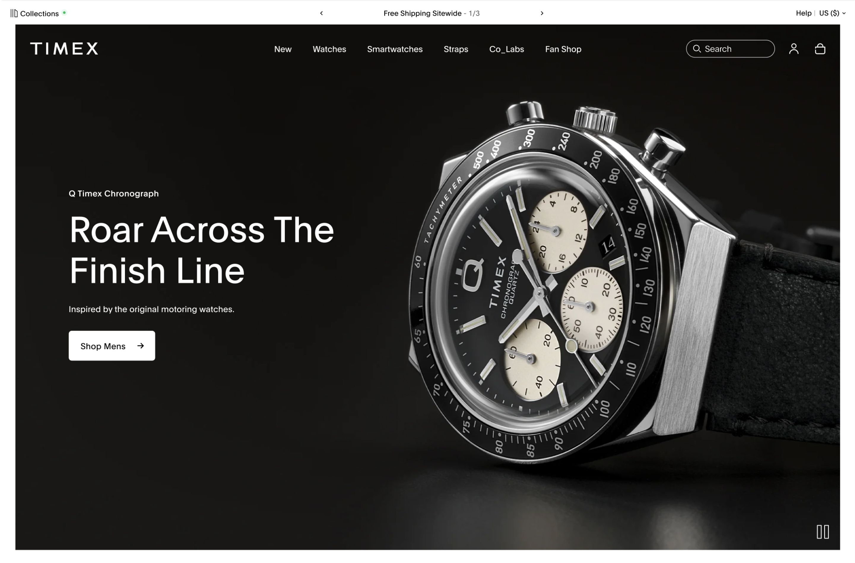 Desktop screenshot of a hero from Timex's homepage featuring a large watch