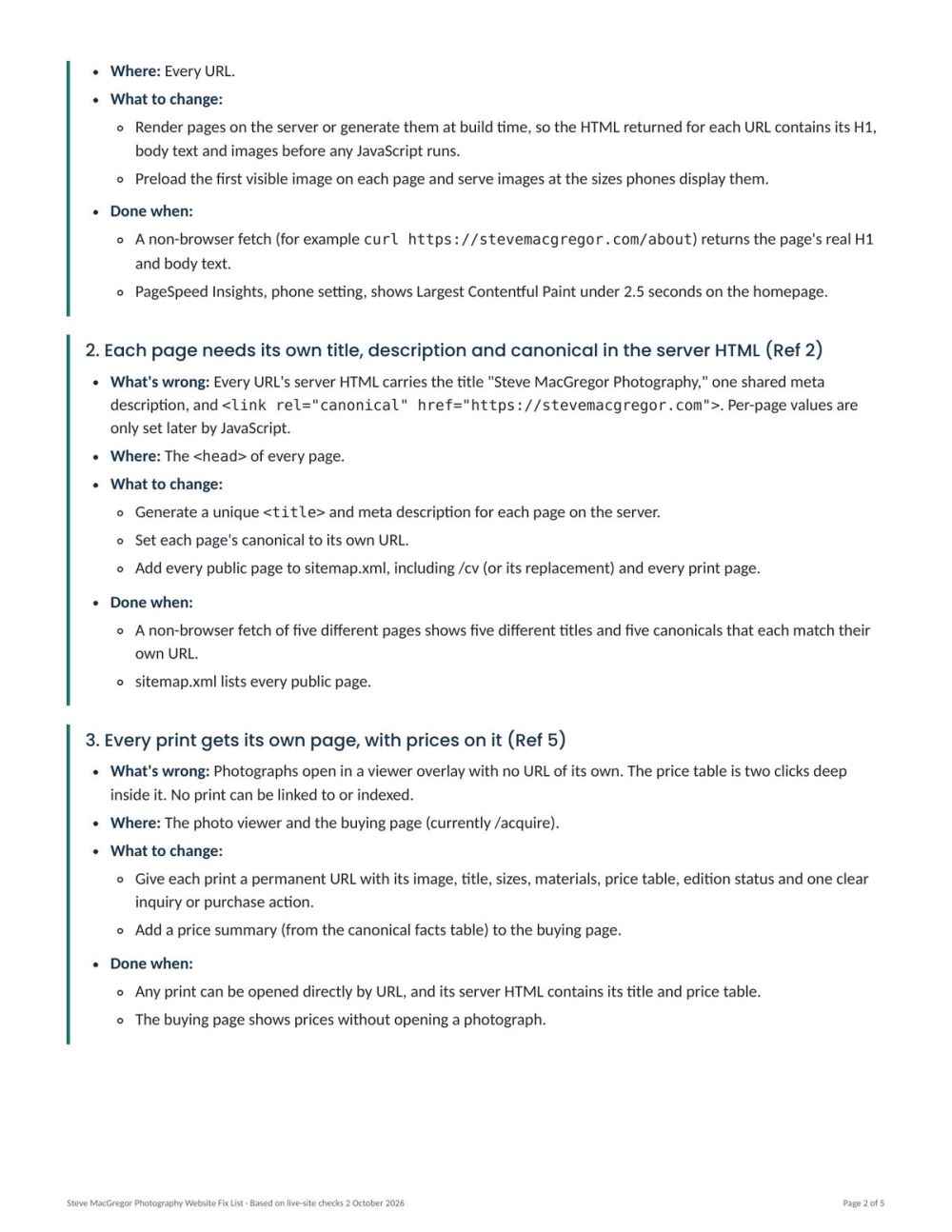 Page 2 of the Developer Fix List: three items, each with what's wrong, where, what to change, and how to know it's done.