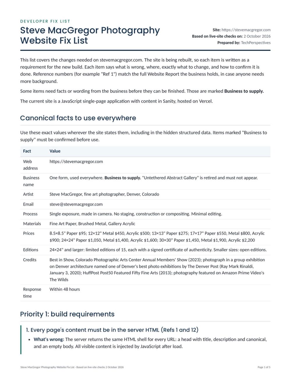 Page 1 of the Developer Fix List: a table of facts to use everywhere on the site, then the first build requirement.