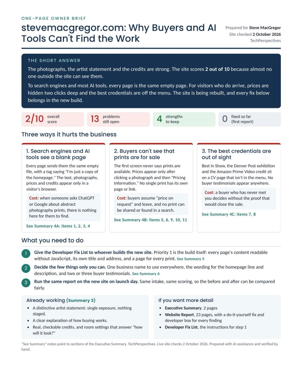 The one-page Owner Brief for stevemacgregor.com: a score of 2 out of 10, 13 problems still open, 4 strengths, three ways the site hurts the business, and three steps for the owner.