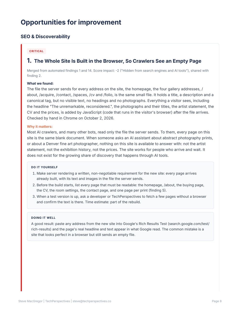 Finding 1, marked critical: the whole site is built in the browser, so crawlers see an empty page. Sections for what was found, why it matters, do-it-yourself steps and what doing it well looks like.