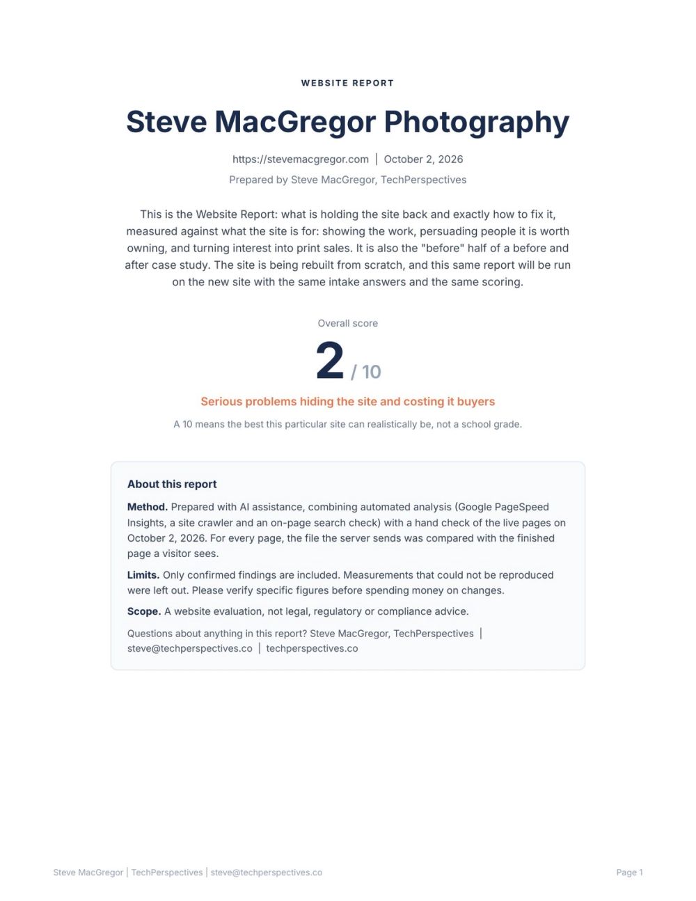 Cover of the Website Report for Steve MacGregor Photography, dated October 2, 2026, with an overall score of 2 out of 10 and a box explaining the method and its limits.