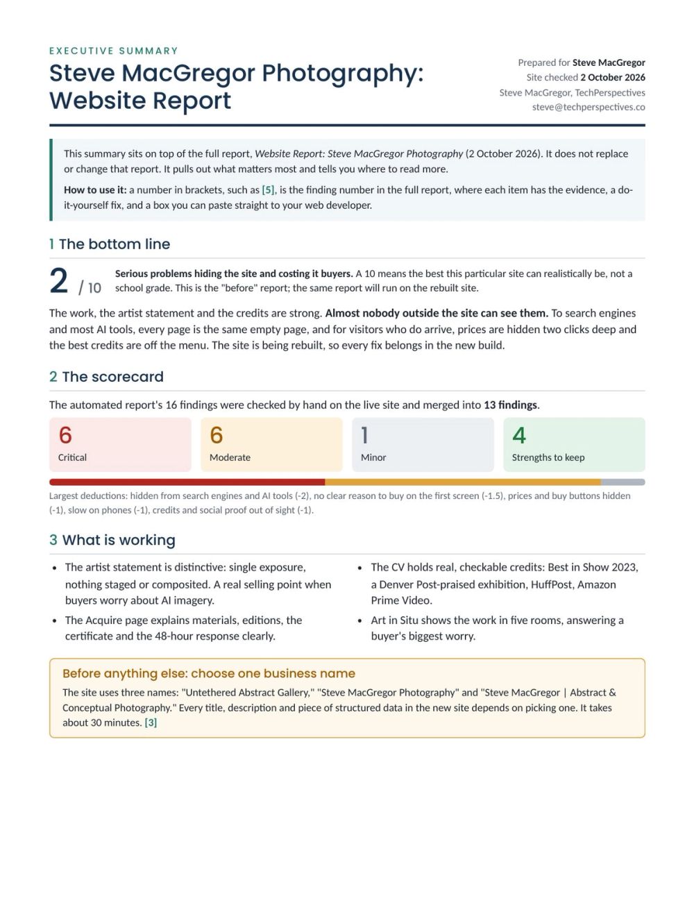Page 1 of the Executive Summary: the bottom line at 2 out of 10, a scorecard of 6 critical, 6 moderate and 1 minor finding with 4 strengths, and what is already working.
