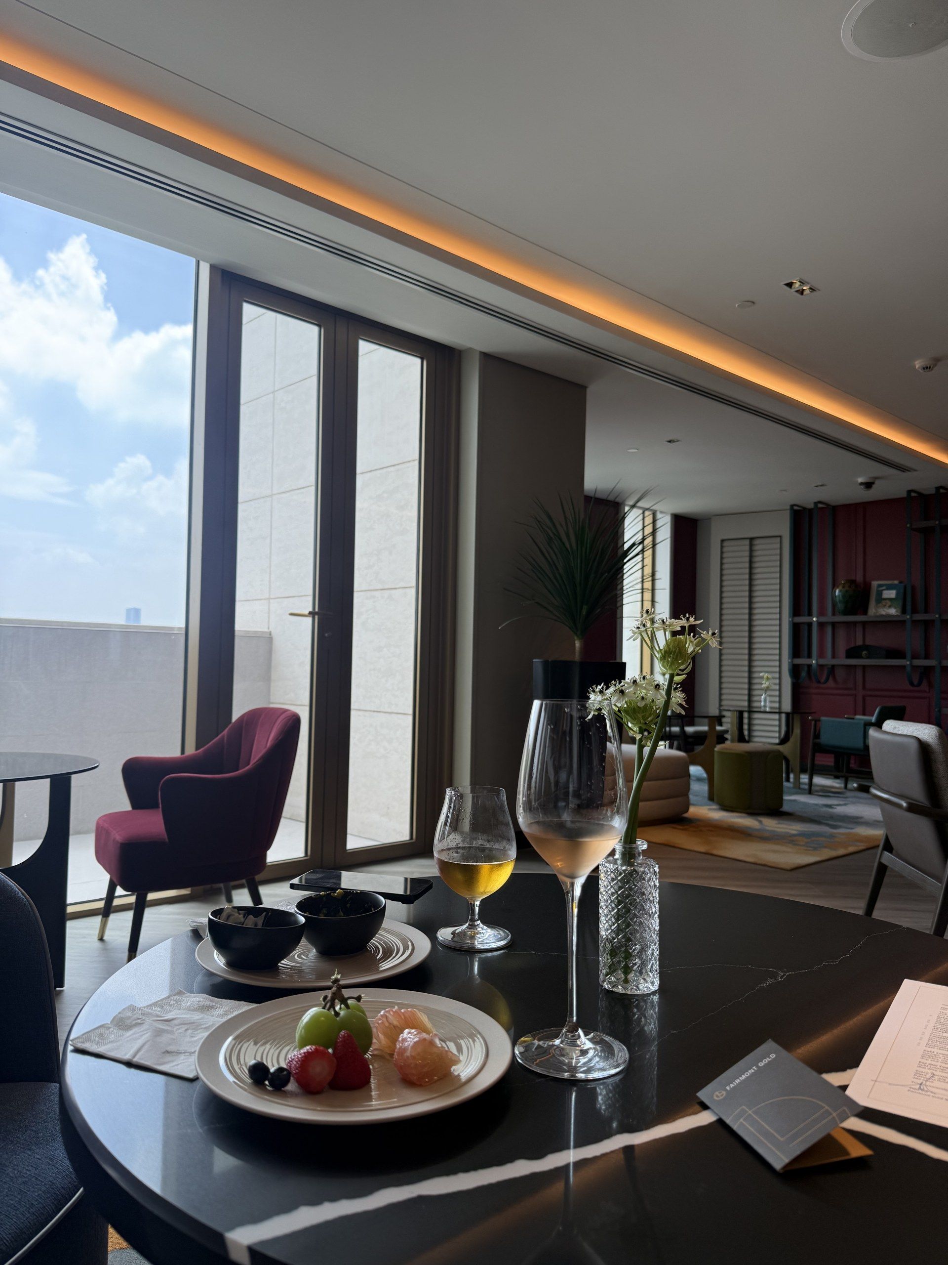 A glass of wine by the window over the city