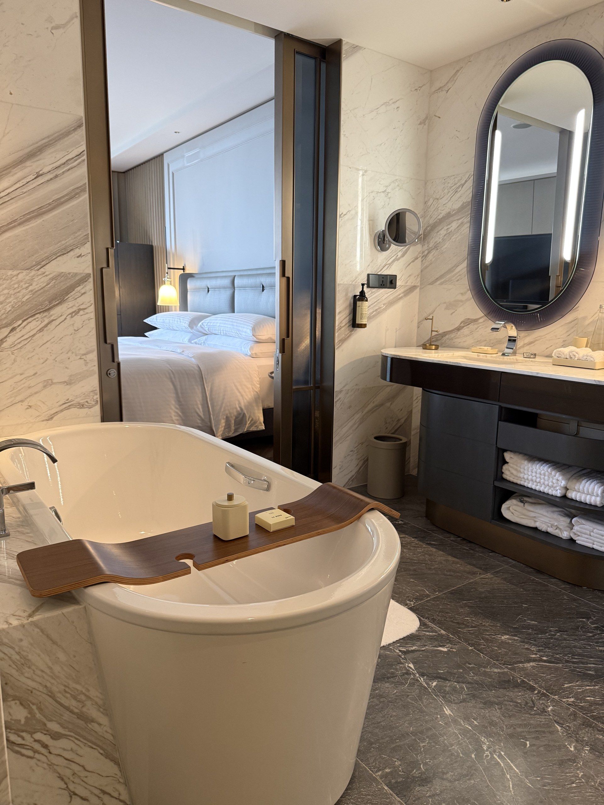 The bathroom with a freestanding tub