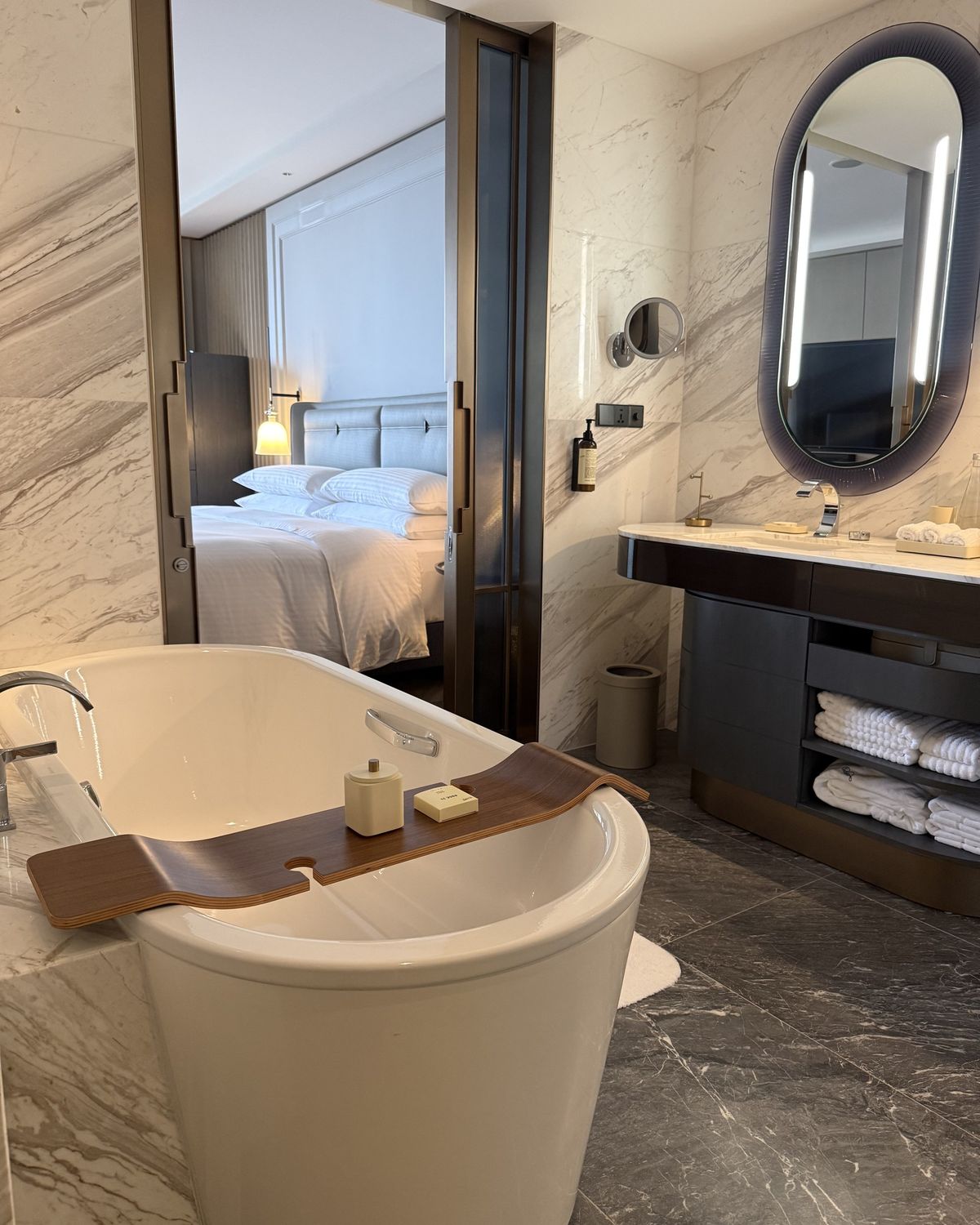 The bathroom with a freestanding tub