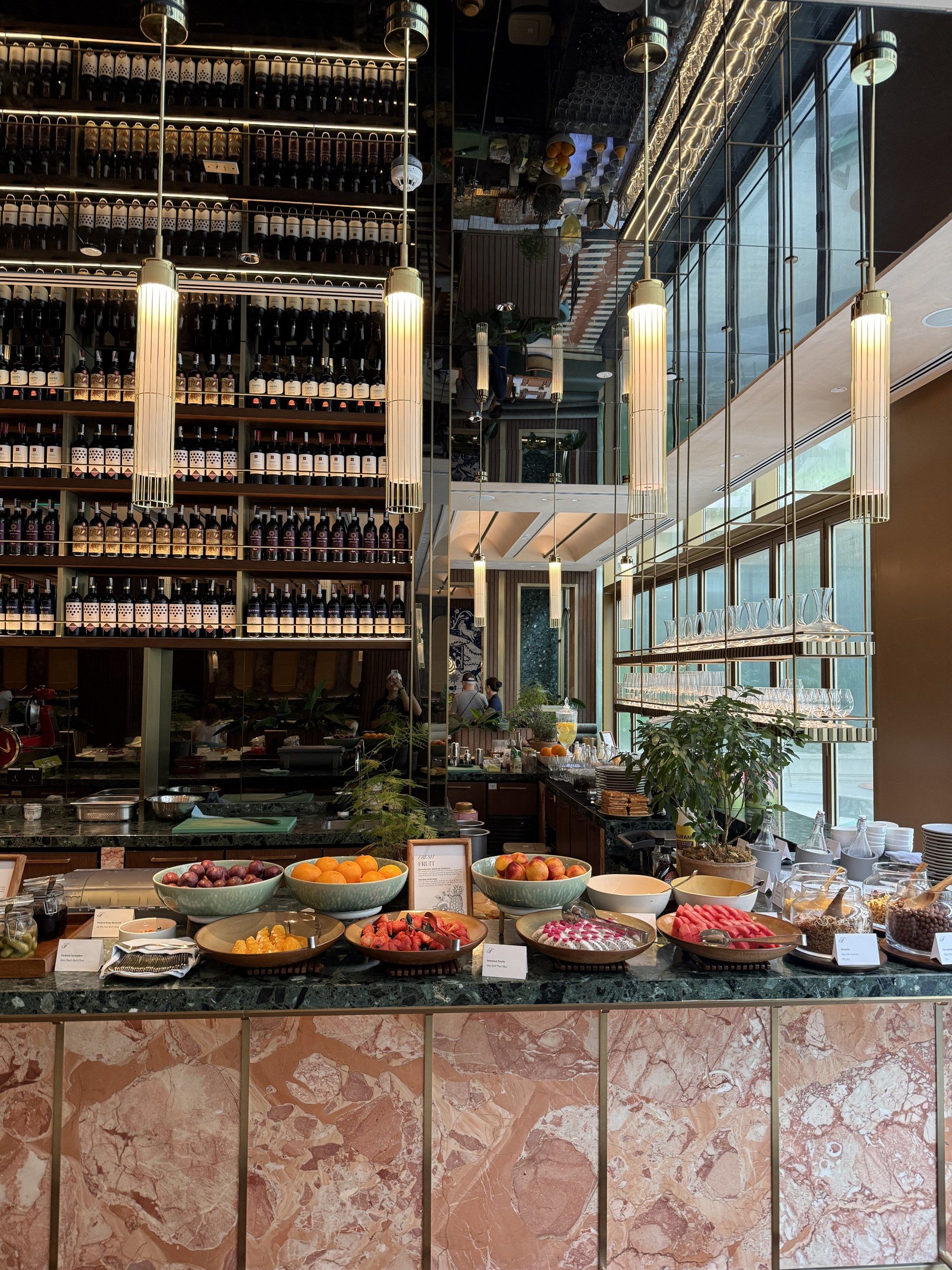 Buffet by the window overlooking the city