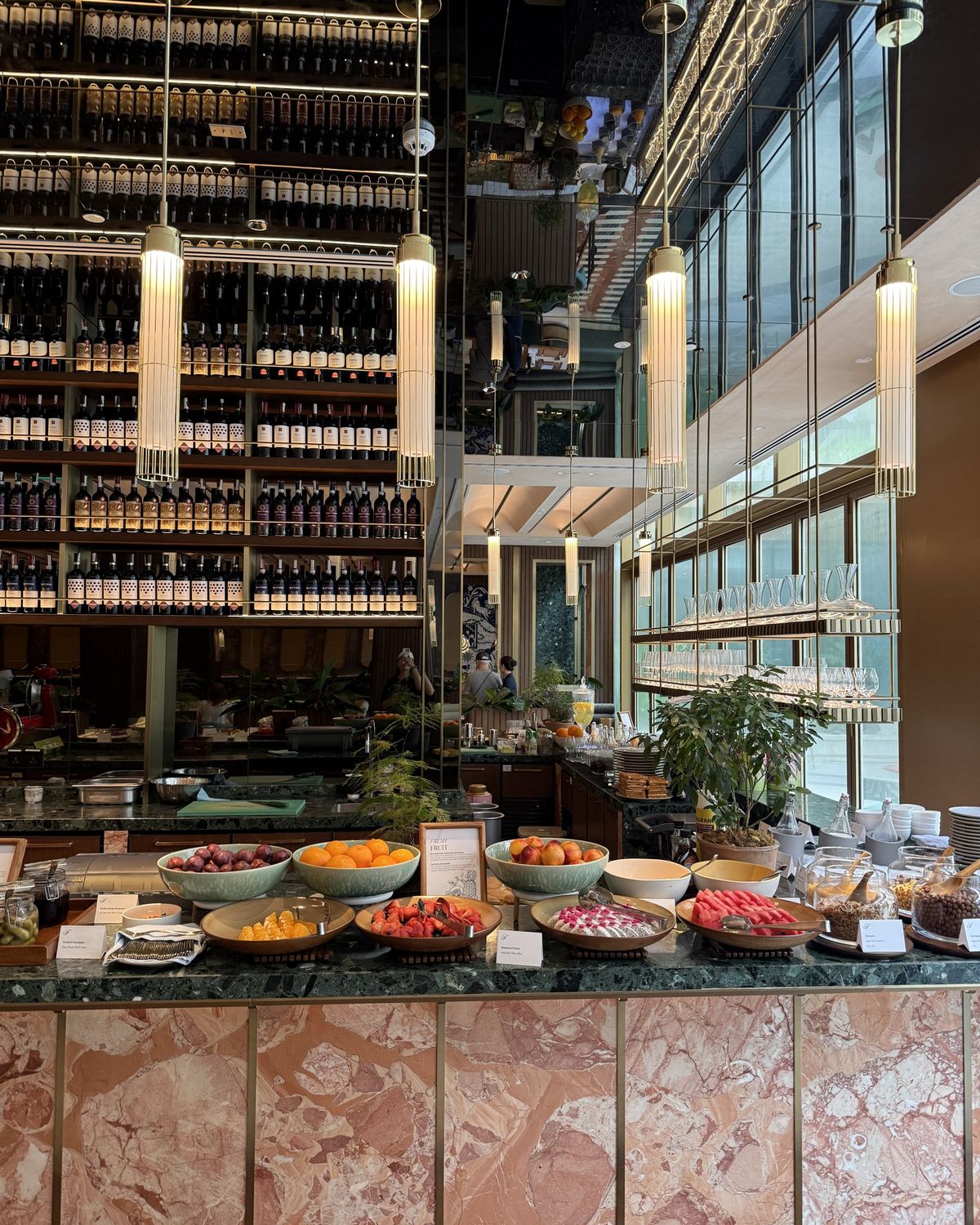 Buffet by the window overlooking the city