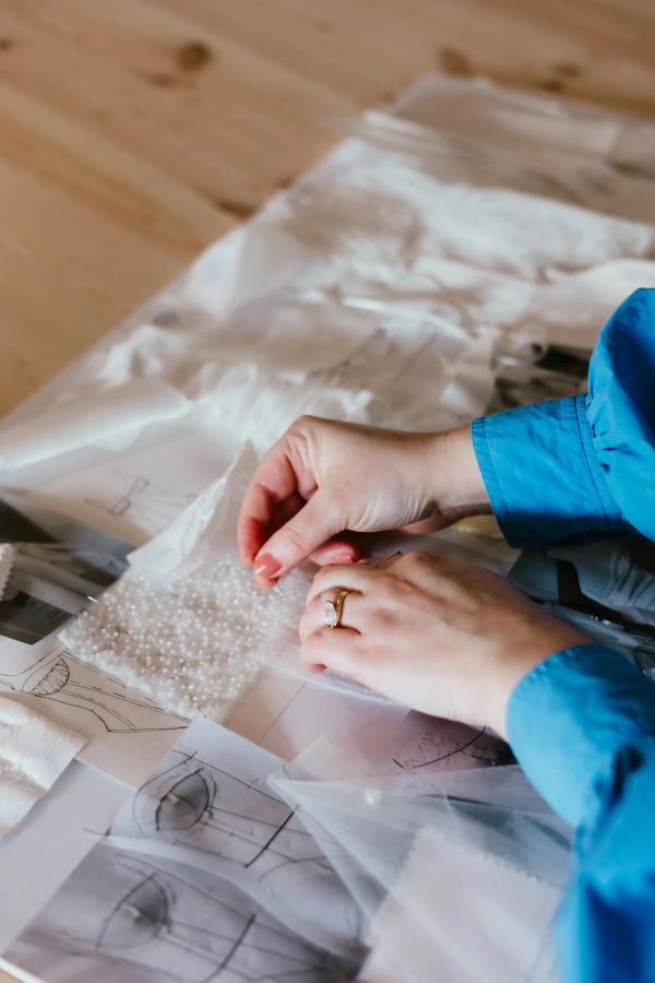 Close-up of embroidery detail on a bespoke bridal dress