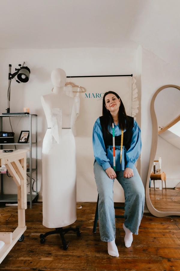 Laura, bridal designer, in her Bristol studio
