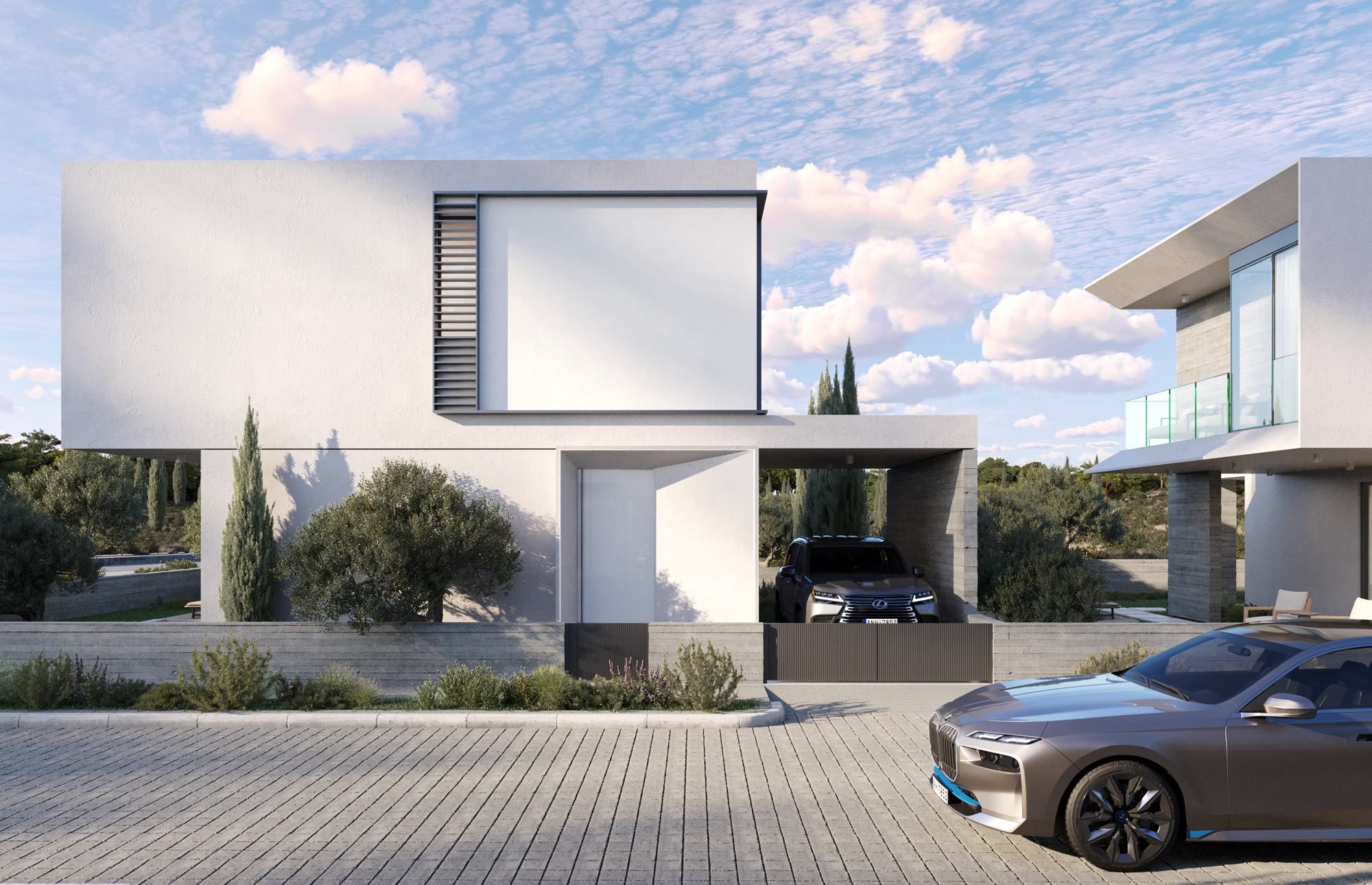 Premium villa facade with large glass windows and marble accents