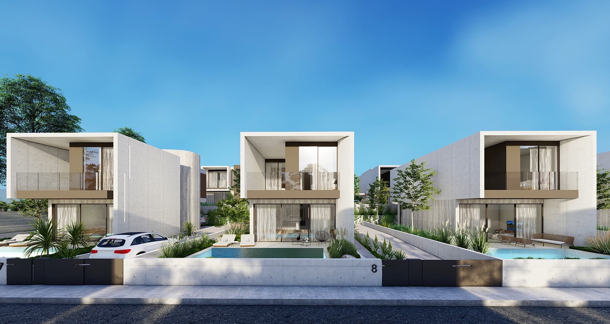 Mediterranean-style villa with marble facade and glass details