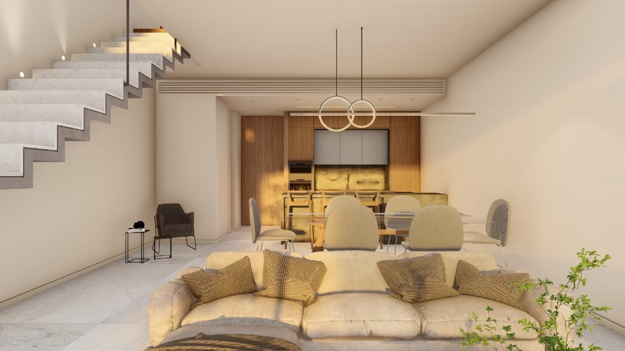 Elegant furnished living room with sea view and marble floors
