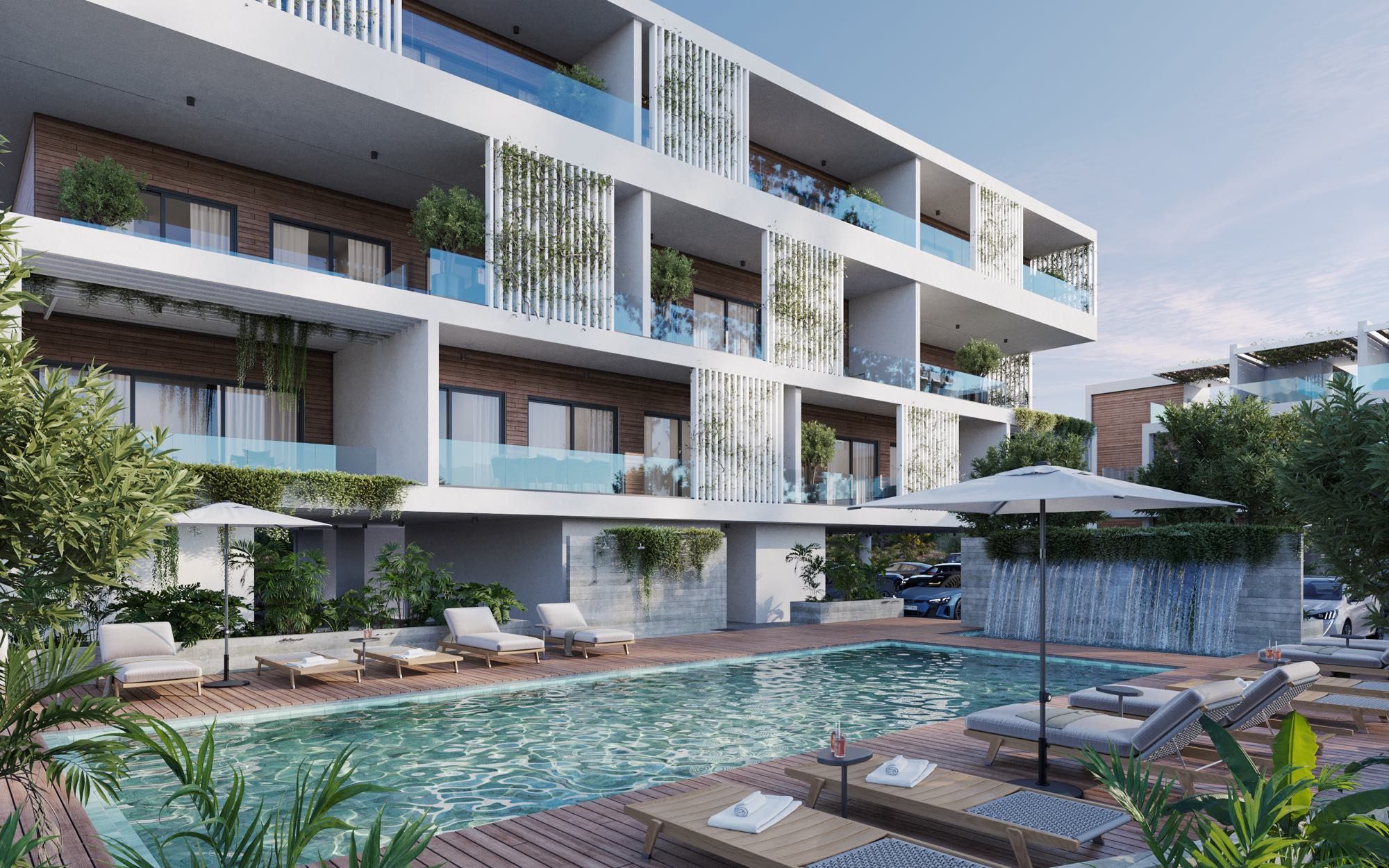Luxury apartment facade with balconies and sea views in central Paphos