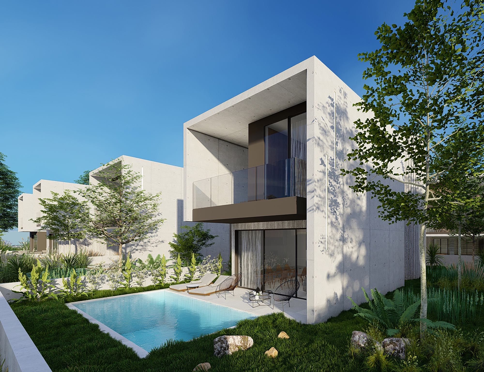 Mediterranean-style villa with marble facade and glass details