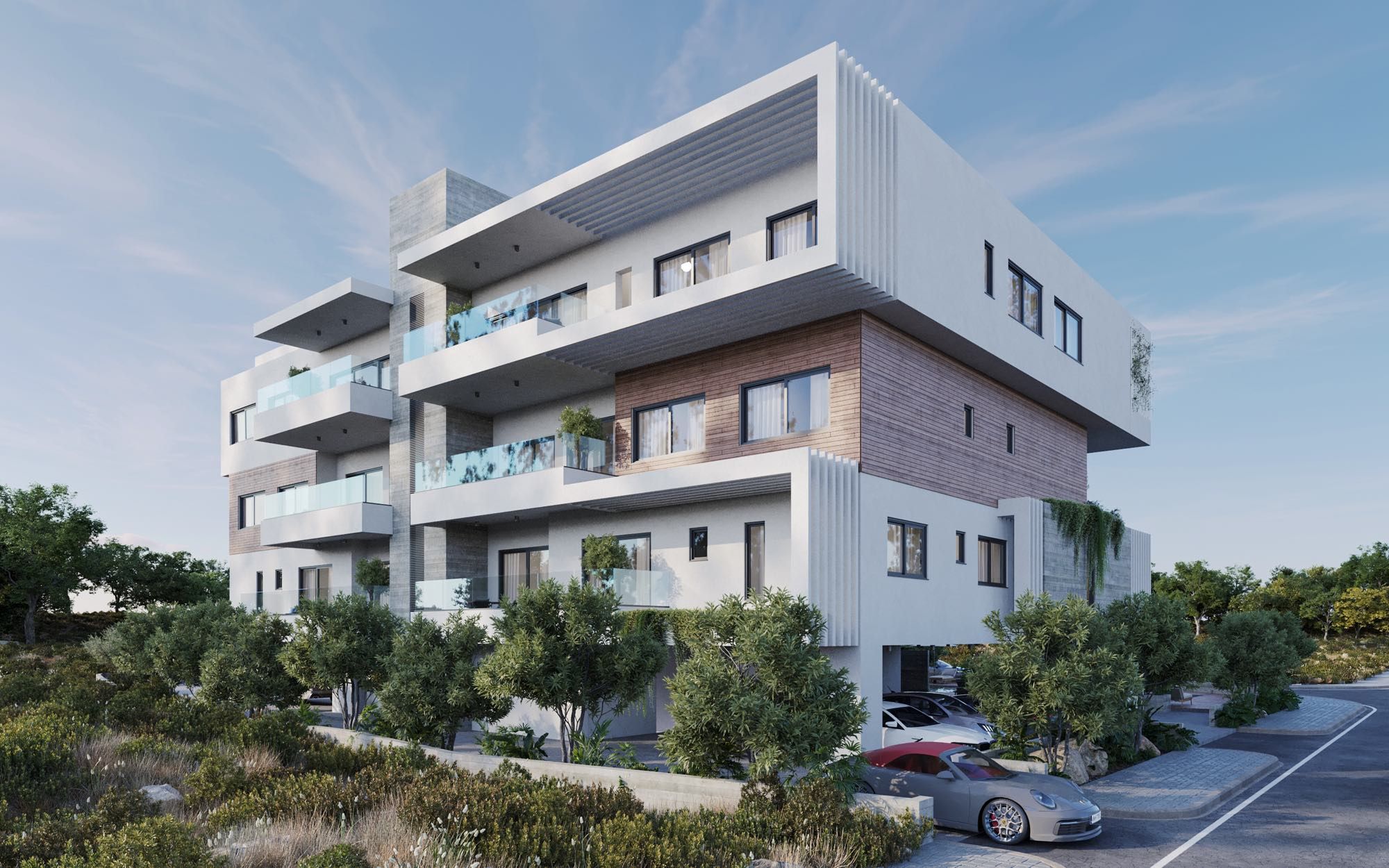 Modern low-rise residential building Dolce Apartments near Elysium Hotel in Paphos