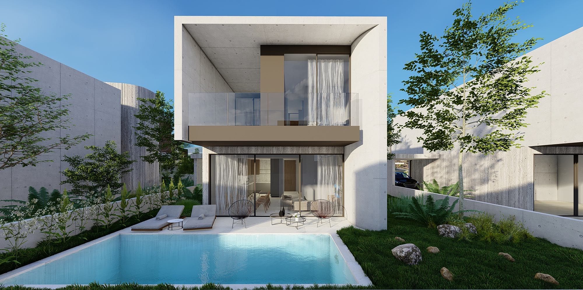 Mediterranean-style villa with marble facade and glass details