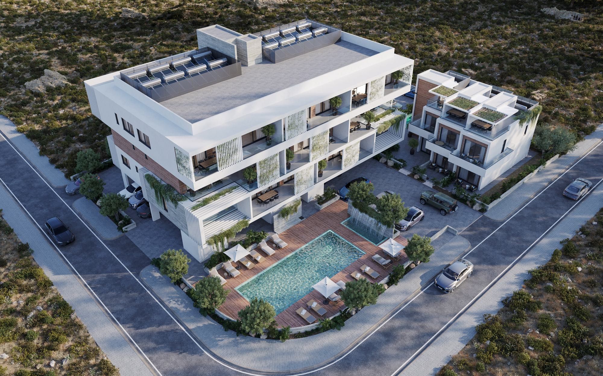 Contemporary architecture with Mediterranean elements and outdoor pool