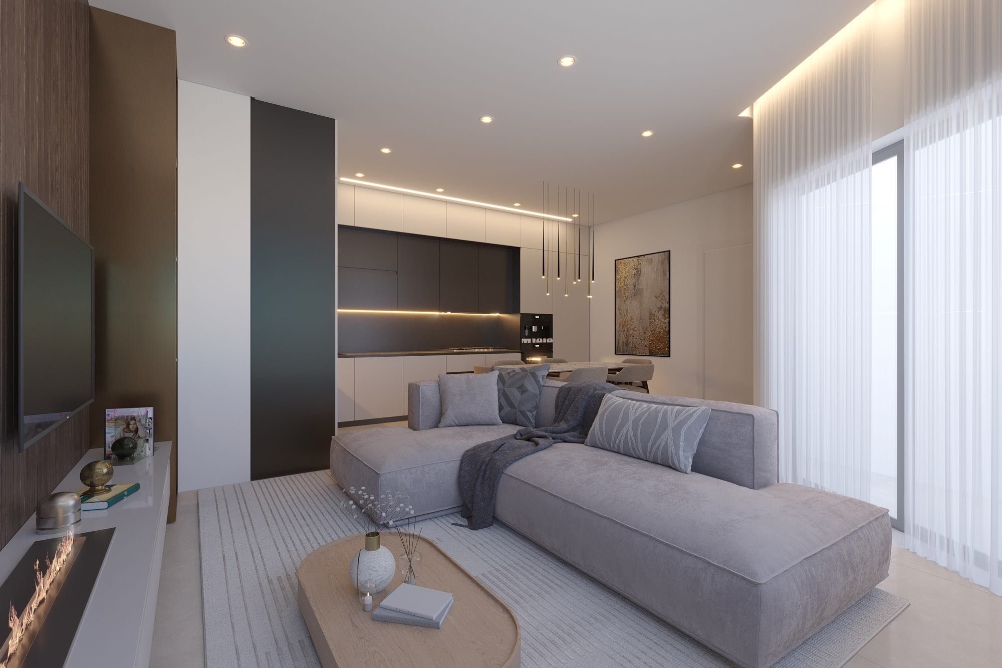 Modernes Wohnzimmer mit Balkon und Stadtblick in Zypern
