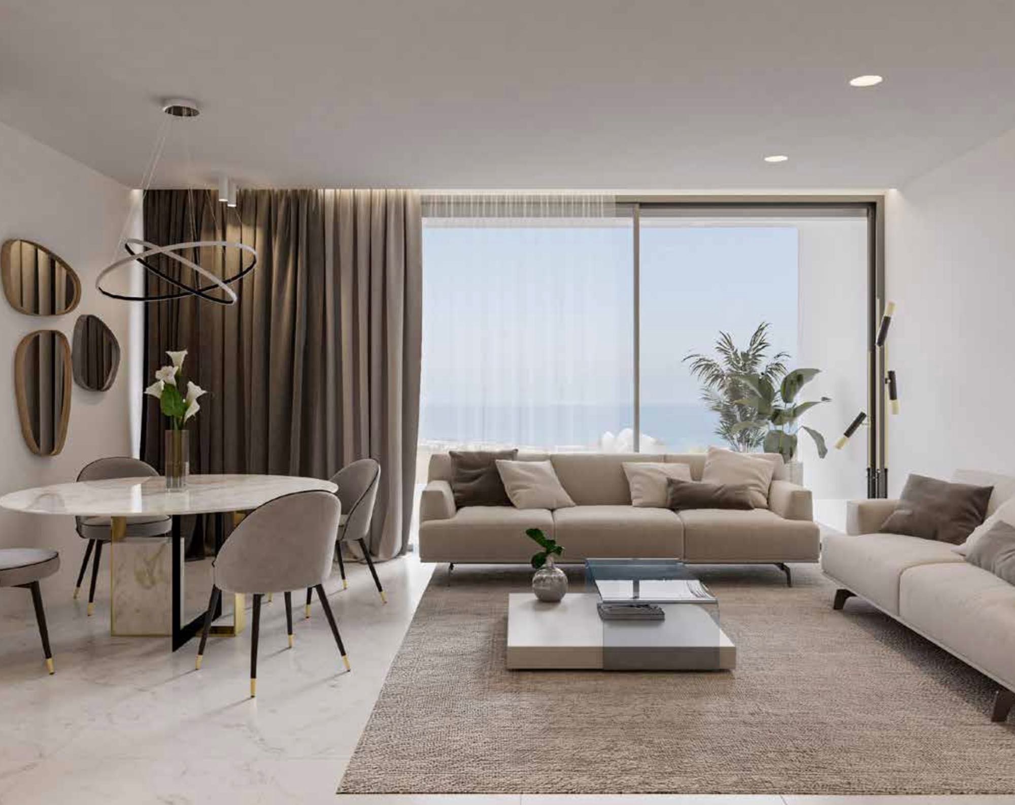 Furnished living room with underfloor heating and sea view windows