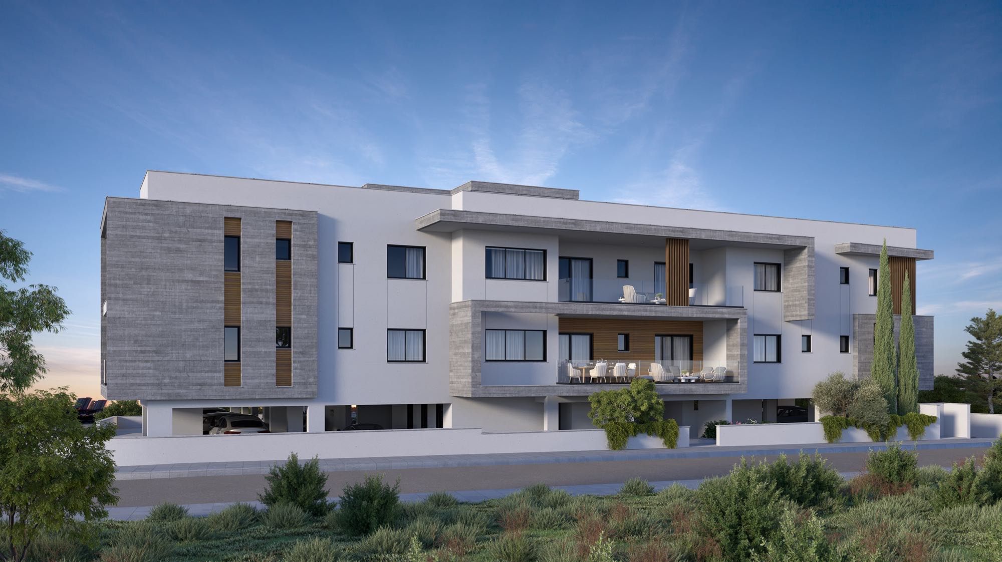 Oasis Garden apartment building with lush greenery in Chloraka
