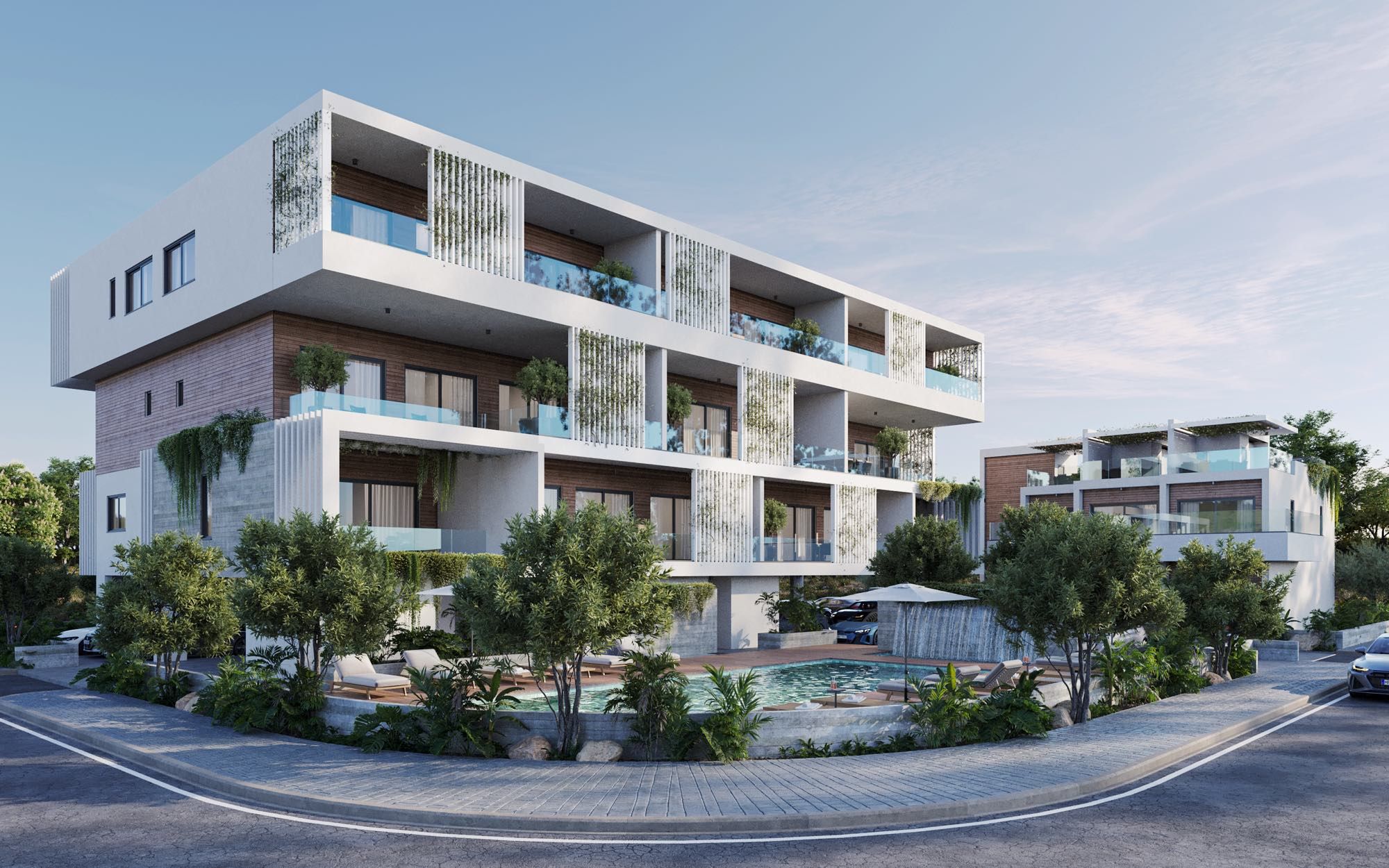 Modern low-rise residential building Dolce Apartments near Elysium Hotel in Paphos