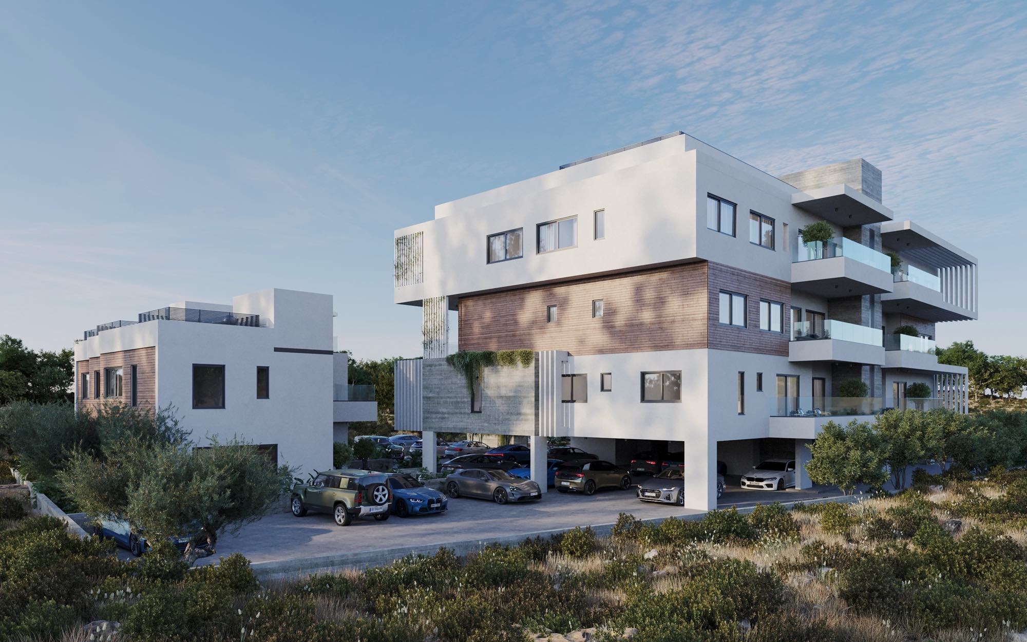 Luxury apartment facade with balconies and sea views in central Paphos